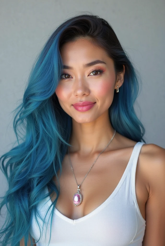 photo of (emikin:0.99), woman as a sexy TikTok influencer, cobalt hair, blue hair , teal hair , twintails, piggy tails, woman with white skin and Asian features, 24-year-old (green-eyed woman), Her eyebrows are well-defined, with a natural arch that complements her eye shape. She has a small, elegant nose with a slight upward curve at the tip. Her lips are full and naturally pink, with a well-defined Cupid's bow. Her teeth are straight and white, enhancing her captivating smile. Her face has an oval shape with high cheekbones that add to her model-like appearance. indoors , modelstyle photoshoot, full body pose , light pink wall background , wearing leather jacket, leather jacket , boob tube , cleavage, (extremely detailed CG unity 8k wallpaper), photo of the most beautiful artwork in the world, professional majestic (photography by Steve McCurry), 8k uhd, dslr, film grain, Fujifilm XT3 sharp focus, f 5.6, High Detail, Sharp focus, dramatic, (looking at viewer:1.2), (detailed pupils:1.3), (natural light), (seductive) , (masterpiece:1.3), (8k, photorealistic, RAW photo, best quality: 1.4), (1girl), beautiful face, (realistic face), beautiful hairstyle, realistic eyes, beautiful detailed eyes, (realistic skin), beautiful skin, (black sweater), absurdres, attractive, ultra high res, ultra realistic, highly detailed, golden ratio