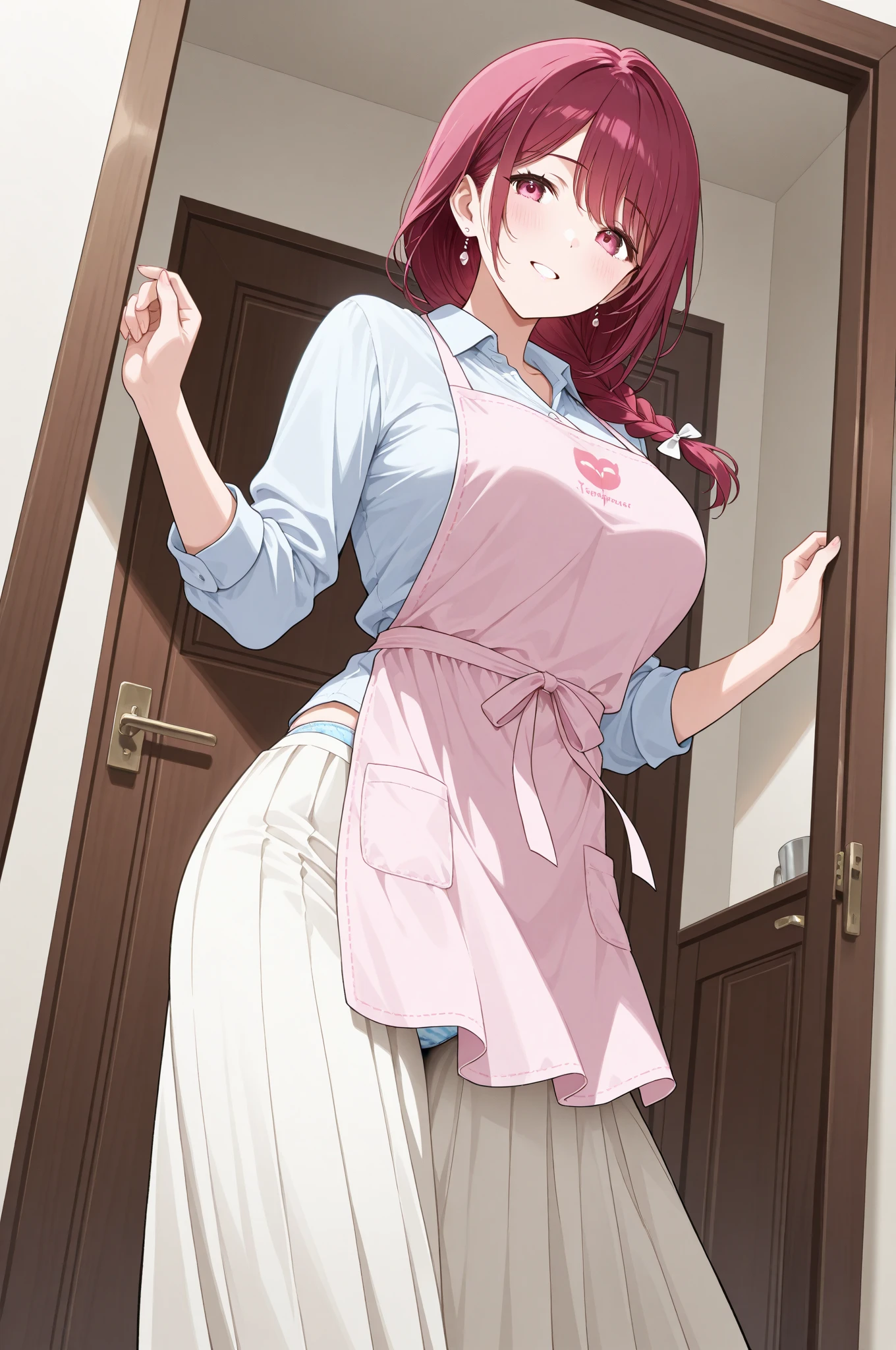 girl with big breasts, naked with apron, in the kitchen, cute face, blushing, sensual appearance, perfect face, full body, big butt, perfect skin, red hair, maximum detail, 18k