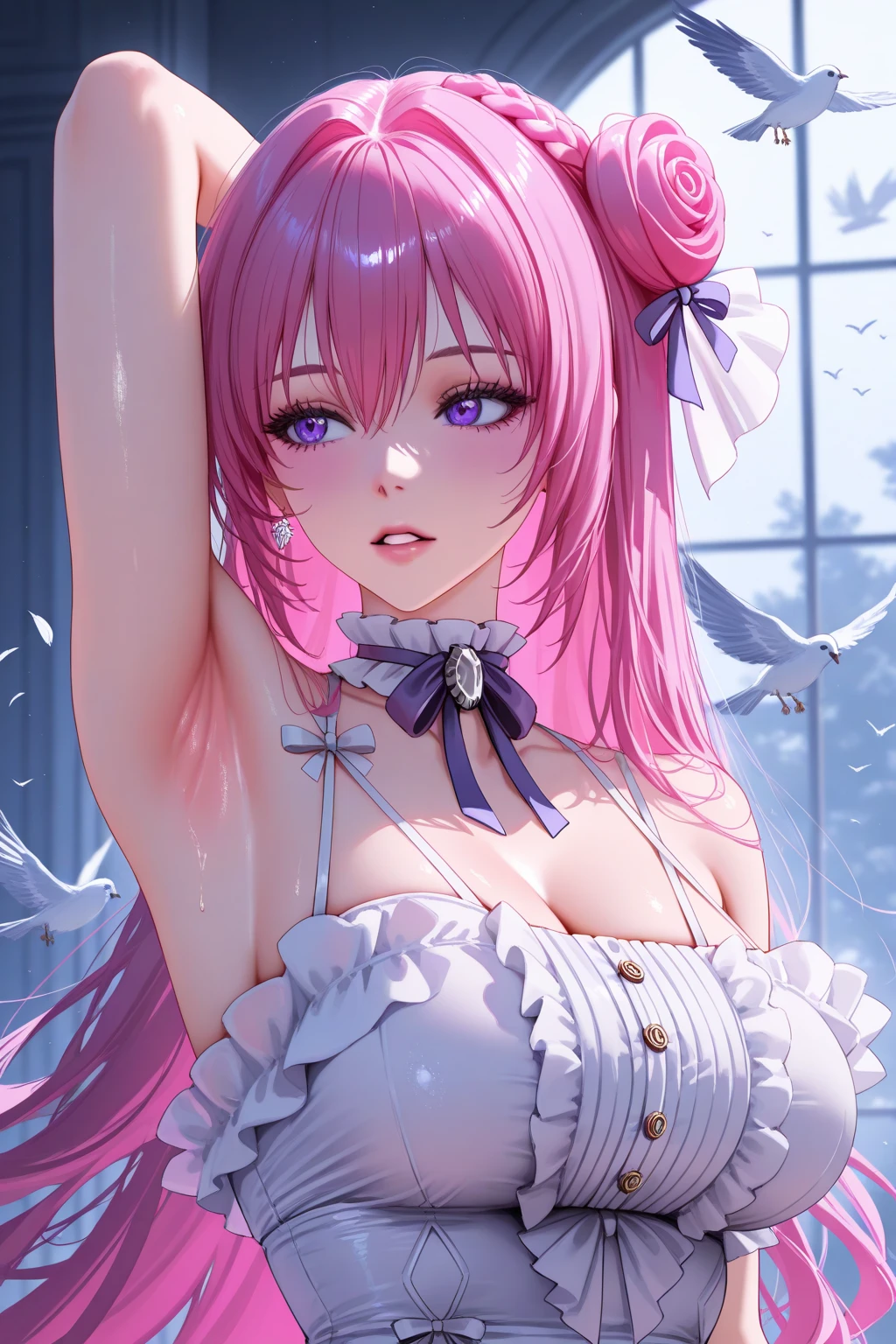 Best Quality,High resolution,8K,finelity detailed background,Masterpiece:1.2),beautiful girl,Shiny pink hair,messy hair,Pink eyes,Gentle look,A refreshing look,Best quality,Best Quality,Aesthetic and aesthetic:1.2,Best details((Super detailed))(High-definition CG illustrations),Black underwear (black,intricate lace),bodystocking,Slender body,morning,morning日,Bedroom,On the bed,smile,blush,cute,Scrounge,Looking up,Being spoiled,super model,shoot from below