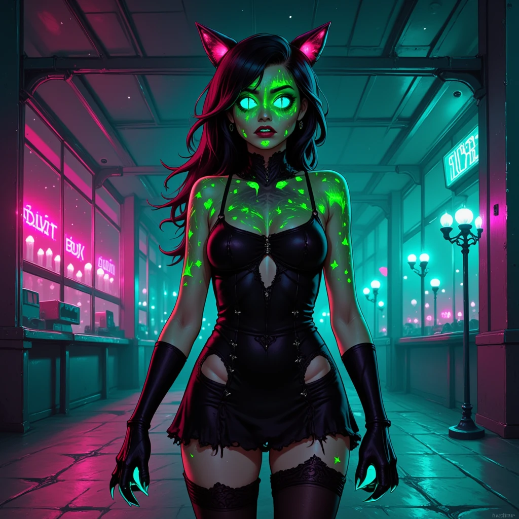 Peinado con volantes, dress latex, torso, cuerpo, 8k, ultra-Detallado, Altas Resoluciones, Piel de arco iris, Efecto Vidrio roto, (La mejor calidad, Obra maestra:1.2), (warped neon light:1.3), Fractal fire soft particles, volumetric illumination, (Obra maestra, La mejor calidad), 1girl, Detalles intrincados, 8k, Artstation, papel tapiz, Arte Oficial, Arte de salpicaduras, foco nítido, atmosfera oscura, abrigo negro, vestido negro, dibujos animados para adultos, Mangas blancas, sleeves beyond the finger, sleeves past wrists, trompetas, (glitched cuerpo effect), (Geometrical:1.2), Futurismo, impresionista, Detallado, majestuoso, impresionante, (sugestivo:1.3), (deprimente:1.3), (Lindo:1.2), tentador, (irresistible:1.3), turbador, fascinante, (magnetic:1.2), (verde), latex clothes, sugestivo position, Latex Costume, Profundidad de campo, color vivo, Venas sangrientas del arco iris que crecen y se entrelazan en la oscuridad, (alambre clavado), rezumando sangre azul espesa, sharp neon, venas que crecen y bombean sangre, Redes vasculares en crecimiento, bajo el agua,aw0k collage surrealista