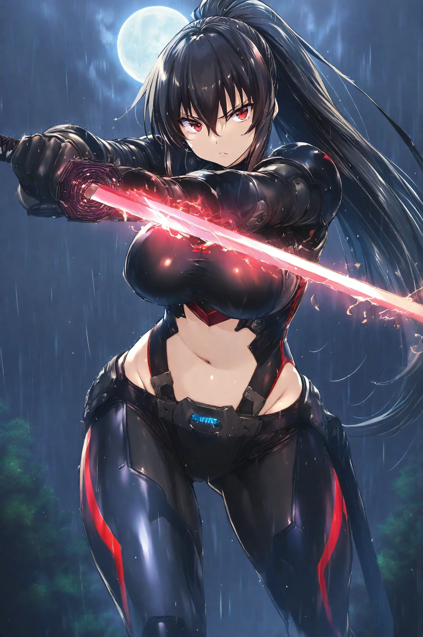 Highest quality、Highest quality、Masterpiece、girl((Age 25、as soon as、Highest Bust、Medium Bust、Wide open chest、Red glowing eyes、Black Ear、Red Mesh、Disheveled Hair、Loincloth、thin、The best valley、Open chest、Luminous Wristbands、hair ornaments、Full body view、Tank top、Black ninja costume、scar、Full body scar、Fighting Pose))、high quality、Beautiful Art、background((night、Ninja World))、flight、Flying Debris、Depth of text、movie、Visual Arts、Perfect Art、8K、Genuine、