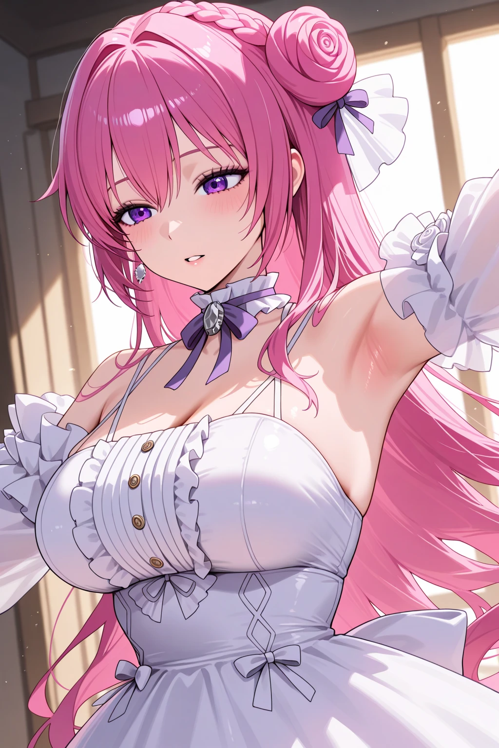 ((unity 16k wallpaper, masterpiece, best quality, ultra-detailed, extremely detailed CG, caustics, cinematic lighting, detailed, beautiful detailed eyes, NSFW, 15 years old, dynamic pose)), eroticSexy, Ultra High Definition, (cleavage, precise hands, precise fingers)), fine skin, (cute:1.2), collarbone, (((JPOP Idol,)), (attractive, sexy pose)), sexy bride, (wedding dress: 2.0, wedding veil, white ruffled long skirt, pink hair color, sit, wedding))