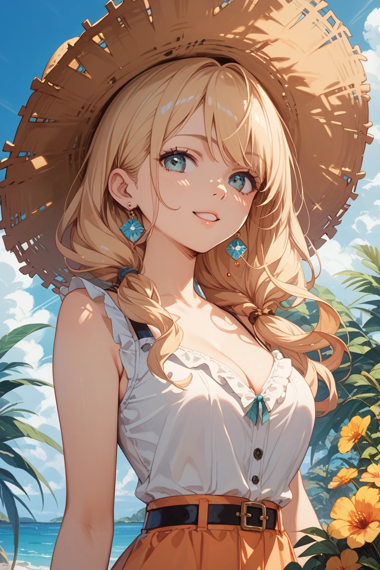 (masterpiece:1.2, best quality), 1girl, smirk, slim, slender, green eyes, sharp eyes, small_breasts, flat_chest, leaning forward, facing viewer, dress, wide-brimmed hat, strappy sandals, simple hoop earrings, shell necklace, areola slip, down blouse, embarrassed, long blonde hair, ^ ^, nature, green hill, serene spaces,