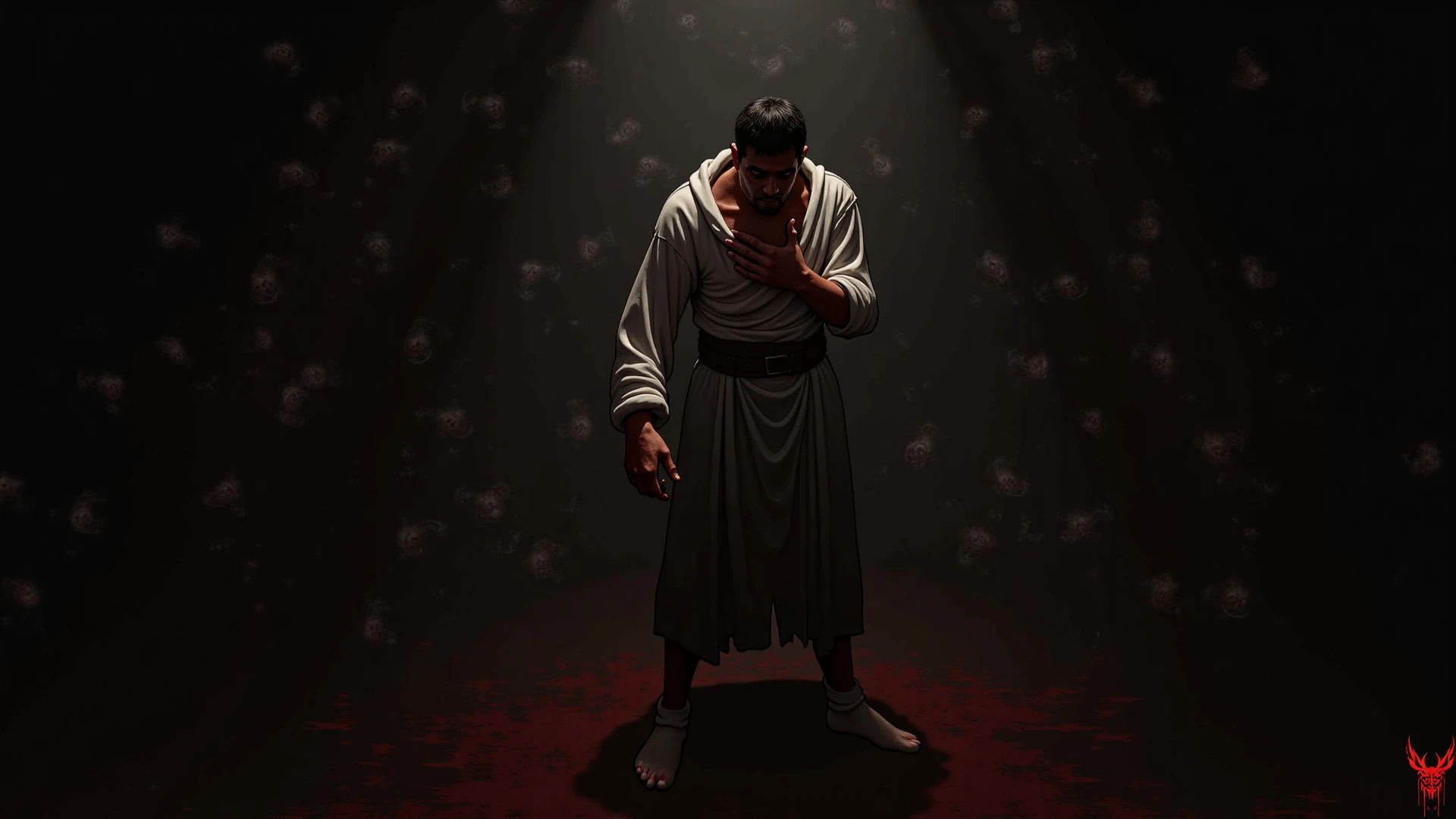 young-looking ex-inmate with a bald head and a round face and a full black beard that covers his entire face, wearing large-lens sunglasses, wearing some torn and worn-out clothes and with worried expression in a dark and terrifying room looking by clues
