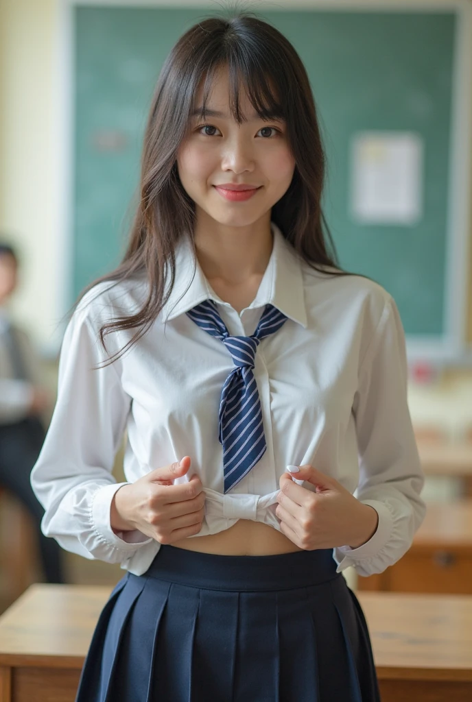 ((Breast enlargement)), (masterpiece, Highest quality:1.2), 8K, Young and beautiful girl, 85mm,Official AR RAW Photos, (Baby Face), ((Small face)), (((Super big breasts))), Detailed nipples, Show me your ears、photo shoot, Cute face, Thighs, Classroom after school, Looking at the audience, Embarrassing、smile、No makeup, Film Grain, chromatic aberration, Sharp focus, Face Light, Bright lighting, 10 generations, Detailed face, Background blur、((((((14 year old high school girl))))))、Narrow waist, ((Schoolgirl uniform, Checkered pleated mini skirt)), (White tiny panties), Sitting with your knees