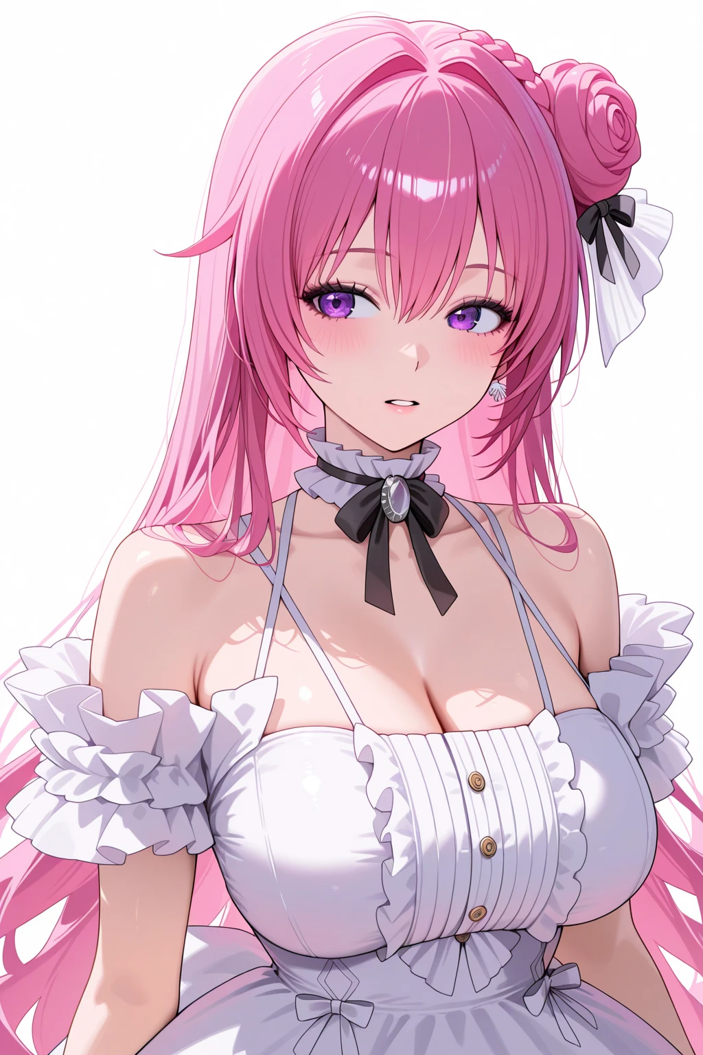 Make a baddas female anime character, hair pink, eyes blue, use wedding clothes 