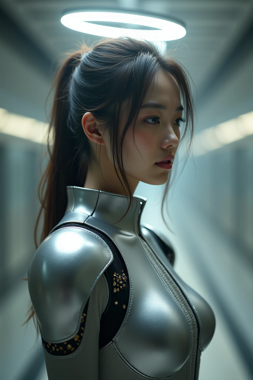 Create a highly detailed image of a young woman with a cybernetic appearance. Shot from the side. She has a complicated, A gold futuristic suit and mechanical parts integrated into her head and neck. Her skin has a realistic texture,Has minor blemishes and freckles, Even though her robots are enhanced,But her appearance remains lifelike. full, Natural mid-chest, Cleavage. The background is a bit blurry, Focus on her expressive eyes and detailed machinery, Create a fusion of humanity and technology in visually stunning sci-fi settings.