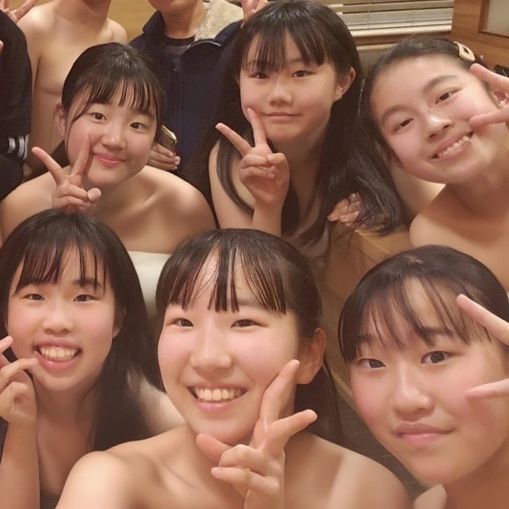 Crouching nudist smartphone photographer、A lot of close elementary school boys hugging each other、A little red、surround each other'neck of、Laughter and joy、longshot、Group Selfies、In the unit bath、Intense curiosity and shame、Leaning forward