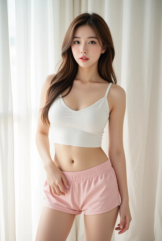 
(((best quality, 8k, Masterpiece:1.4)), (20 year old woman), Masterpiece, different, high resolution, High quality, wide angle, small face, female, Sagging breasts, fit, stretch, gentle face, Bare shoulders, midriff, down shirt. (Long, blonde, very wavy hair.) 
(Sitting alone on the sofa in the living room) (ซีคอมSagging breastsนุ่ม) winter forest winter: 1.3 big eyes: 1.3 ห้างสรรพสินค้า เค้กพุง สวมหมวกสีดำ Sagging breasts สวมหมวกสีดำ เหมือนจริง, high resolution, 1 woman, 
Glowing skin, alone, tattoo, decorate, pink lips, long hair, blue eyes, sharp eyeliner, Eye shadow blush with thick eyelashes, Very delicate and beautiful, round chin,gag, hips up, Open the abdomen., small low waisted shorts