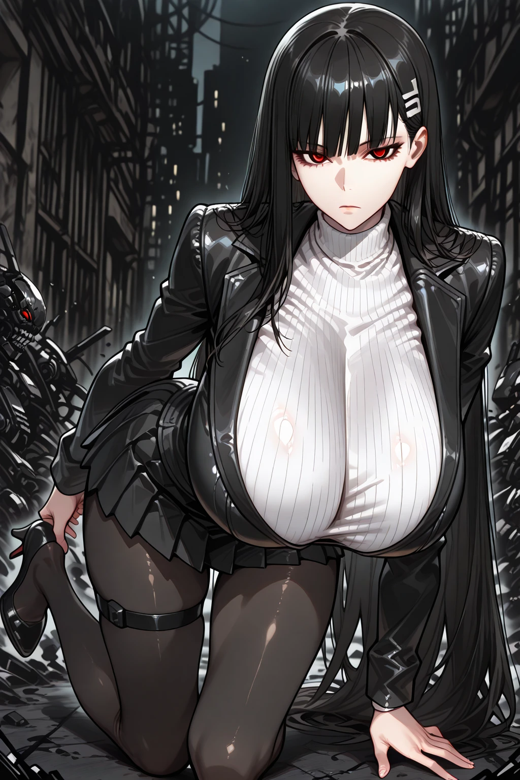 absurdres, (realistic:1.5), (masterpiece, Extremely detailed CG unity 8k wallpaper, best quality, highres:1.2), (ultra_detailed, UHD:1.2), (pixiv:1.3), perfect illumination, distinct, (1girl:1.4), (bishoujo:1.2), looking at viewer, unreal engine, sidelighting, perfect face, detailed face, perfect body, beautiful eyes, pretty face, (bright skin:1.4), (abs), (navel),  (Annerose:1.1), black hair, long hair, (yellow eyes:1.1), (large breasts:1.1), bodysuit, higheels, shiny clothes, skin tight, hair intakes, covered breasts, sideboob, cleavage, (solo:1.4)