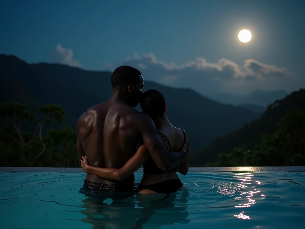 slender white skin woman in hot tub wearing a towel, bare shoulders, A black man beside her, naked, nude, she is shy, eyes open, black skin man touches her shoulder. hugging black man,