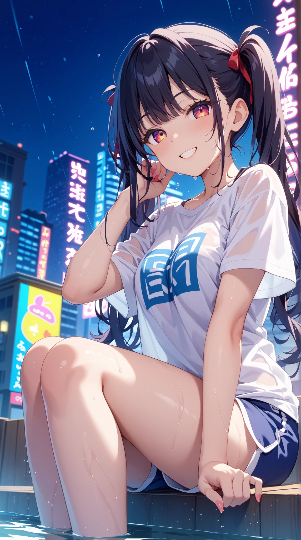 1girl, long black hair, blue eyes, smiling, wearing tight white shirt, denim shorts, wearing headphones, Tokyo night city, absurdres, high res, ultrasharp, 8k, masterpiece, looking at viewer