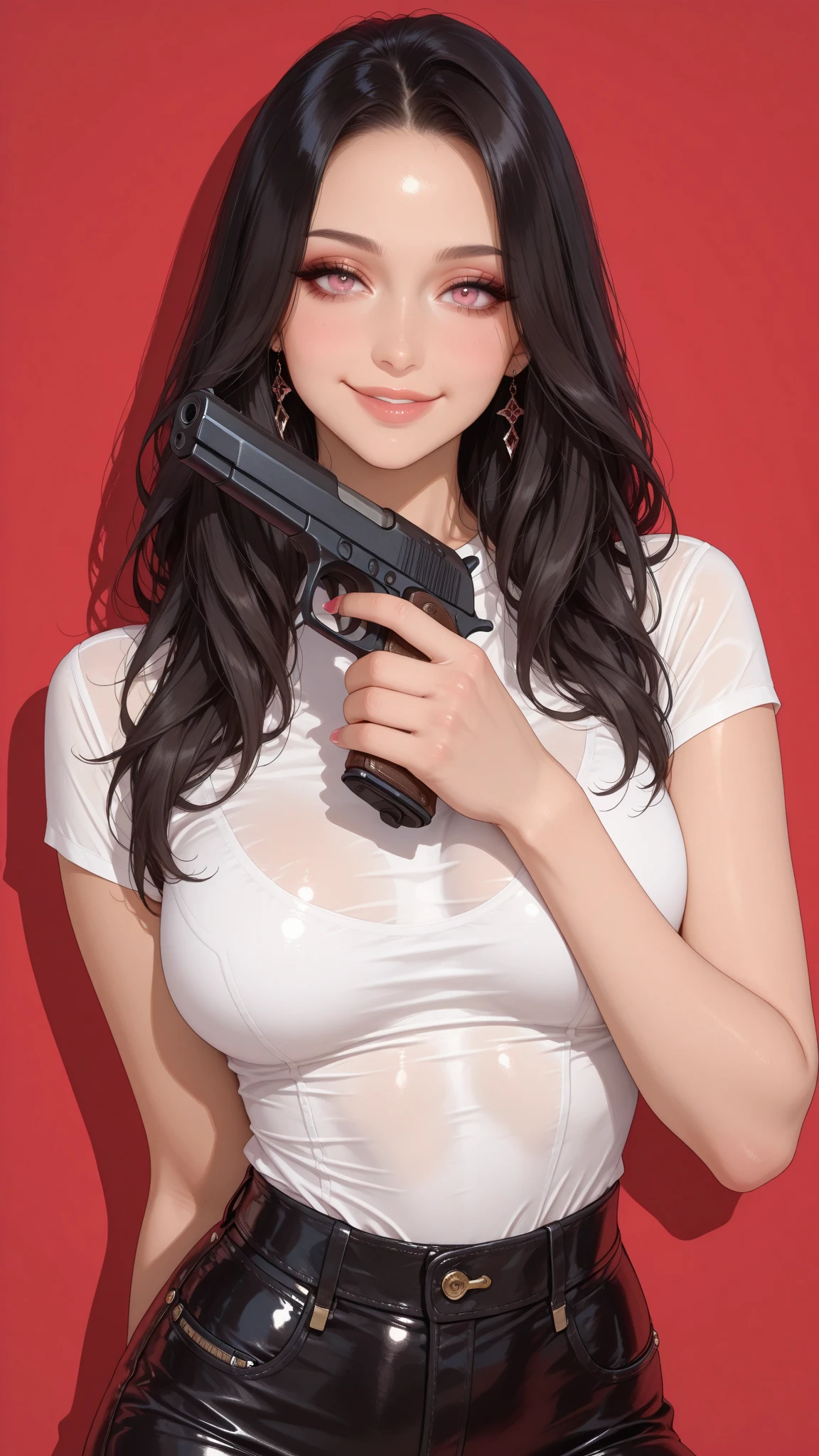 a girl sucks a gun, <lora:lickgun:1>, perfect face, lick gun, girl a woman is licking a man's hot dog, look at the viewer, gun inserted in the mouth, the girl a woman in a red dress is holding a gun, (perfect gun:1.3), tits,