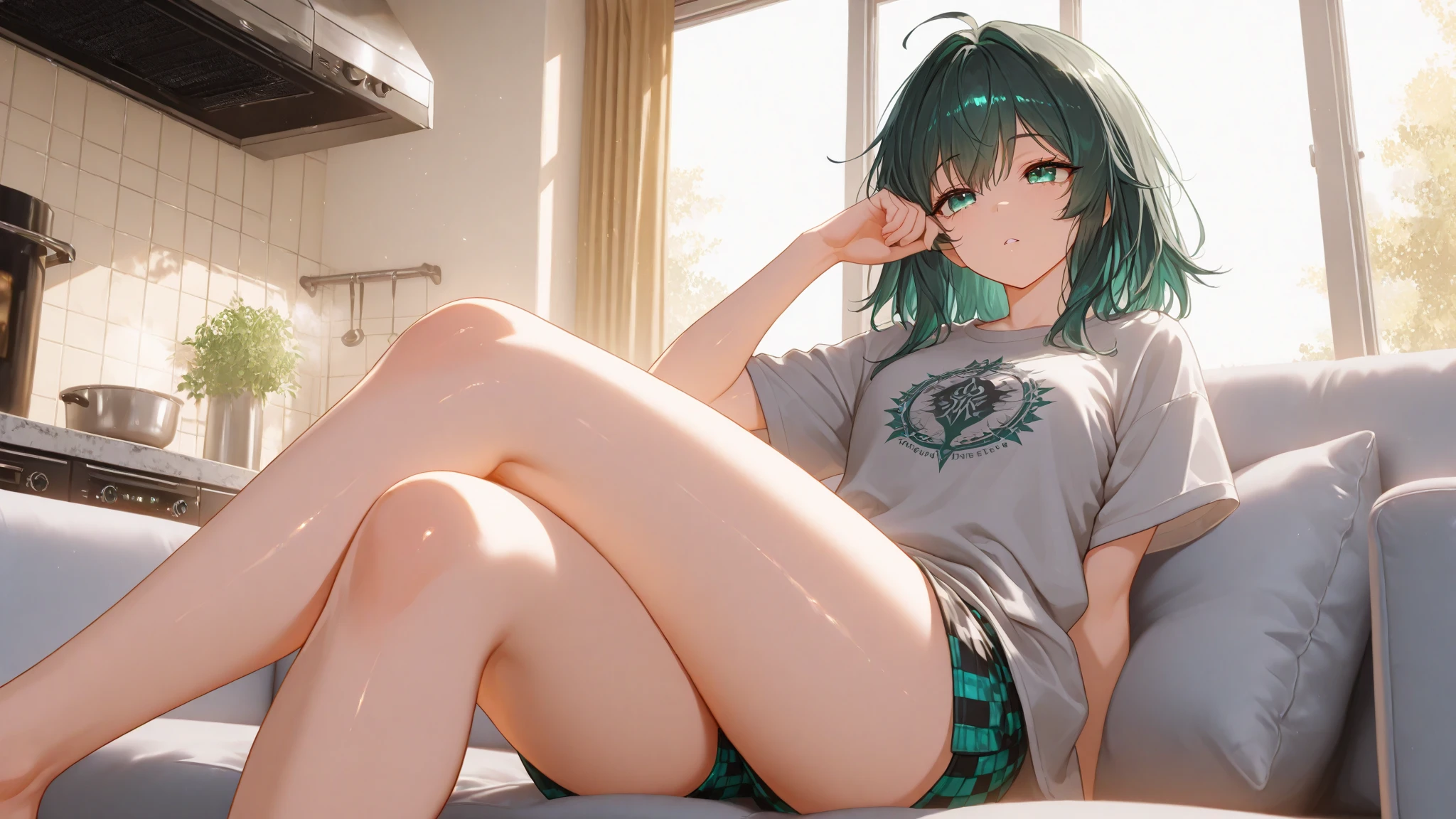 (flat:1.5),(cafe, window, sunlight, table, chair, sedentary:1.5) (big belly, arse, thick thighs:0.7), (warm light source:1.2), intricate details, volumetric lighting, Realism BREAK(masterpiece:1.2), (top quality), 4K, ultra detail, (Dynamic configuration:1.4), Very detailed and colorful details,(rainbow colors:1.2), (shining lights, atmospheric lighting), dreamy, magical, (alone:1.2), intricate details, cheeky expression, (normal size breasts), (greenish Hazel eyes:1.5), (wistful eyes, dark atmosphere:1.5), (green hair:1.5), (shirt, Small and tight shorts:1.5), feeling horny, (chubby, round belly), (beautiful eyes, flushing:1.5),(human ear,thin legs:1.5),(chair에 sedentary, diagonal shot:1.5), (embarrassing:1.5),(diagonal shot:1.5), wanting to masturbate, shorts unbuttoned 