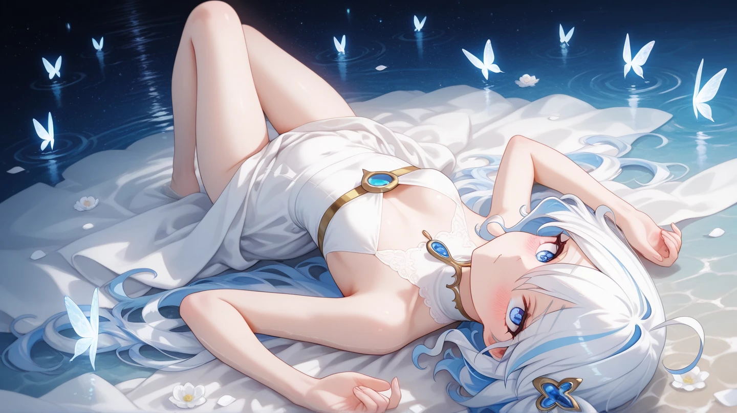 An anime teen girl, (((sitting on a bed)), cinematic light, slim body with curves, skin is perfectly white, soft, (medium breasts), smooth, ((no nsfw)), Extremely delicate and beautiful CG illustration, best quality, high resolution, dynamic angle, full-length lens, (1 girl), floating, soft light, high-key lighting), glowing light, blue halo, feathers fluttering background, blue crystal