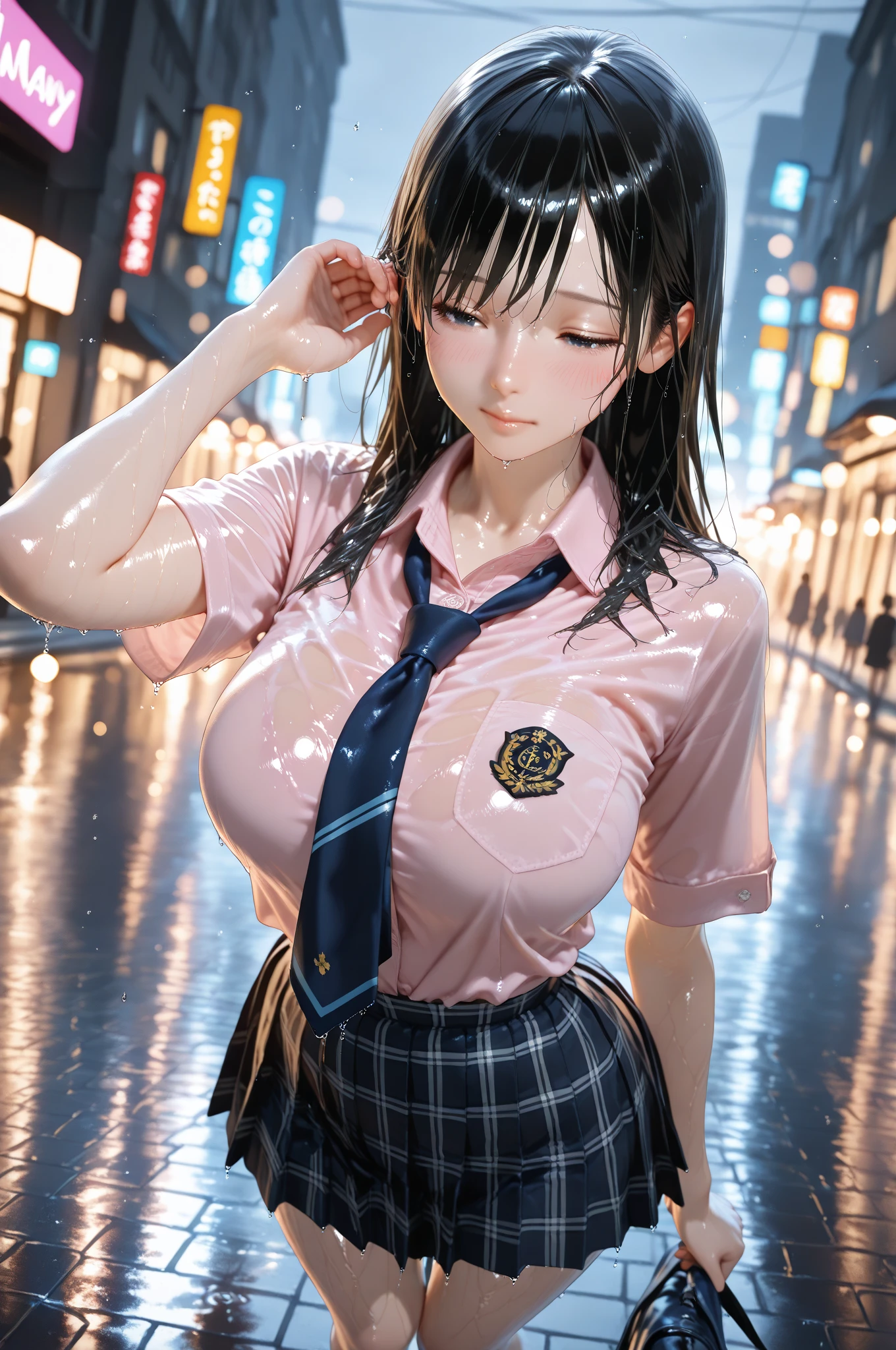 (masterpiece:1.2, highest quality), (Realistic, photoRealistic:1.4), Beautiful illustrations, (Natural Side Lighting, Cinema Lighting), Browsing Caution,
View your viewers, Cowboy Shot, Front view:0.6, 1 girl, Japanese, high school girl, Perfect Face, Cute and symmetrical face, Shiny skin,
(ponytail:1.2, Messy Hair:1.8, Ahoge, Purple Hair), Hair between the eyes, blue eyes, Long Eyelashes, (Large Breasts:0.7, Thick thighs),
Beautiful Hair, Beautiful Face, Beautiful fine details, Beautiful clavicle, Beautiful body, Beautiful breasts, Beautiful thighs, Beautiful feet, Beautiful fingers,
((White collared shirt, Black Checkered Pleated Mini Skirt, Blue bow tie)),
(Beautiful views), evening, River side, walking, (Cute smile, Upward glance), Nipples are visible