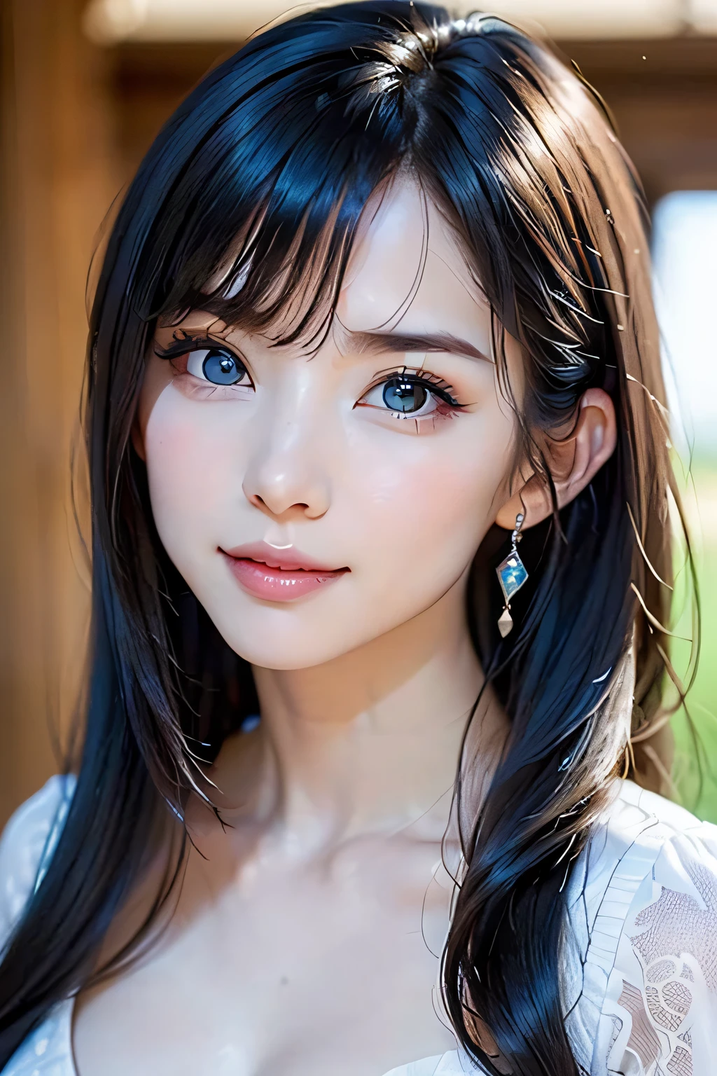 masterpiece、1 beautiful girl、A detailed eye、Puffy eyes、top-quality, 超A high resolution, (Realisticity: 1.4), OriginalPhotographs,cinematlic lighting、japanes、Super beauty、Beautiful skin、A slender、(A hyper-realistic)、(hight resolution)、(8K)、(ighly detailed)、(beautifully detailed eyes)、(ultra-detailliert)、(A detailed face)、looking at viewert、Very smiling、Facing straight ahead、Black colored eyes、The body is facing forward、short-cut、Wearing a light blue dress、