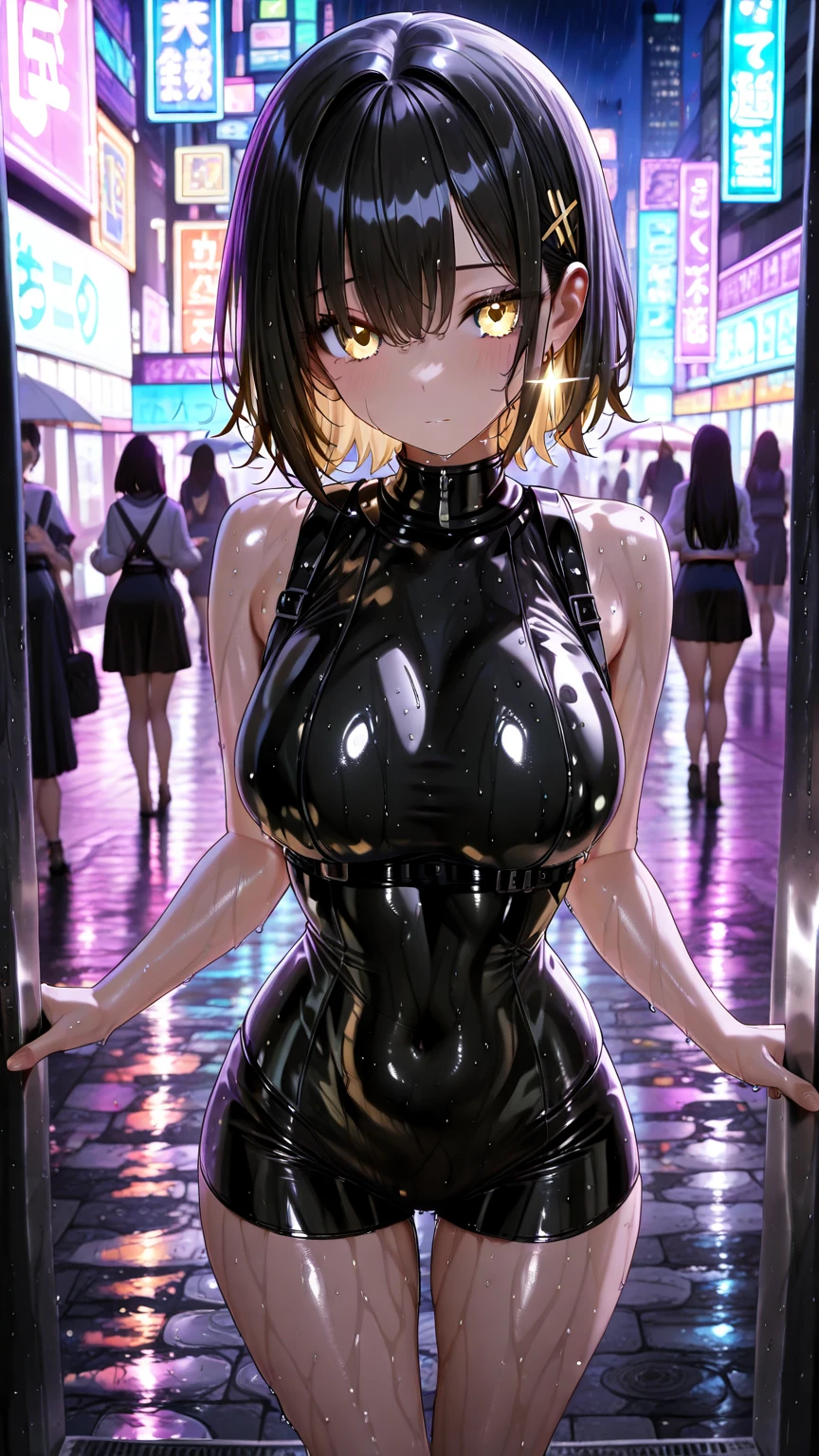 high resolution, extremely detailed CG, unity 8k wallpaper, super detailed skin, perfect anatomy, detailed, cinematic lighting, dynamic lighting, beautiful detailed eyes, (Photorealistic:1.8), Raw photo, Japanese Girls, One Girl, (10 years old girl:1.8), Black Hair, Very short hair, EyesBeautiful Eyes, smile, A big smile, (Huge breasts:1.2), Curvy Body, (Narrow waist:1.4), cityscape, in front of station, (latex:1.2), Pink, (Realism), It shows her whole body, (metallic one-piece swimsuit:1.2)、(gleaming skin:1.4)、