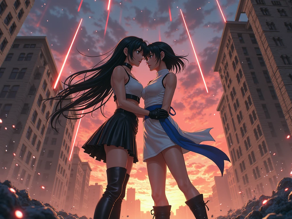 Highest quality、Highest quality、Masterpiece、girl((American、half、18-year-old、as soon as、Highest Bust、Medium Bust、Wide open chest、Red glowing eyes、Black Ear、Red Mesh、Disheveled Hair、Loincloth、thin、The best valley、Open chest、hair ornaments、Full body view、pants、Sports Bra、Random Pause))、high quality、Beautiful Art、background((Collapsing Ground、no gravity、Floating Object))、flight、Flying Debris、Depth of text、movie、Visual Arts、Perfect Art、8K、Genuine、Special Angles