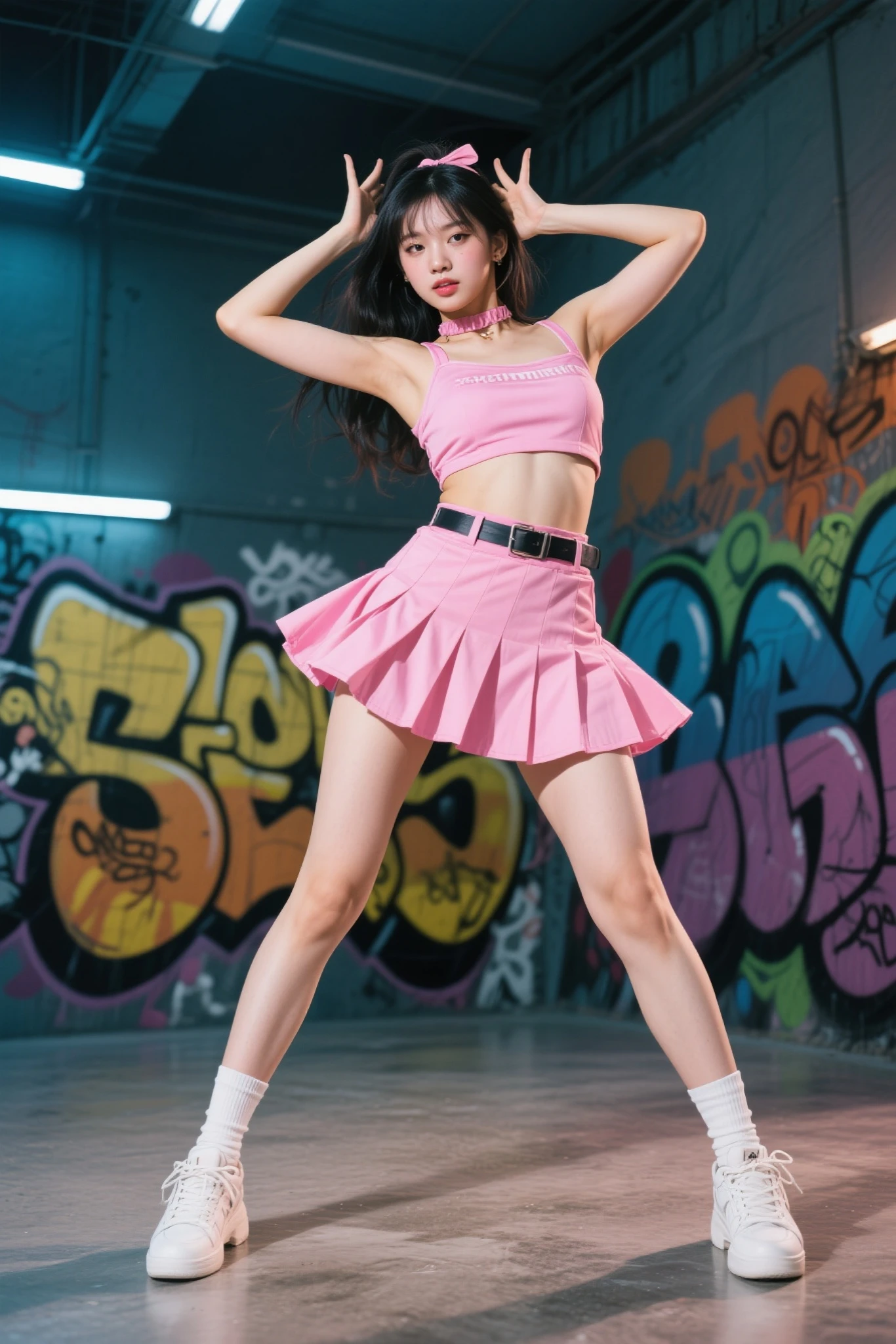 One girl,White Background,20th Generation、Lift up your skirt、Showing off her pink panties、