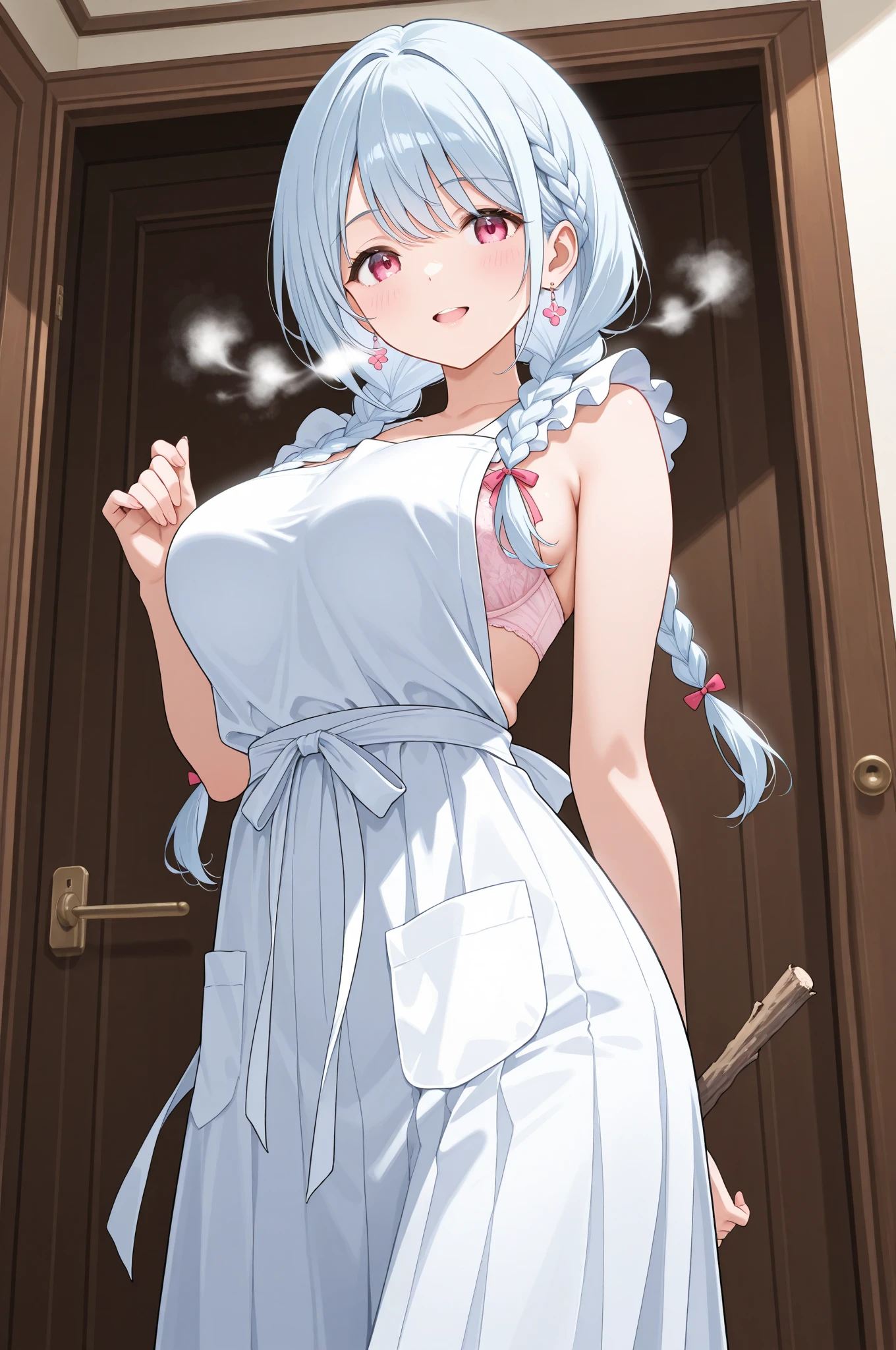 (Best quality, masterpiece),SEXY MOM, , detailed face, The cover of a women's cooking magazine, , naked, Erotic, 18+, NFV, 1 girl, 30 years, deafening, Cute, Soulful smile, hourglass figure, wearing a floral dress, small apron, Beautiful food, text, Chart, advertisement, magazine title, длинные седые hair, hair