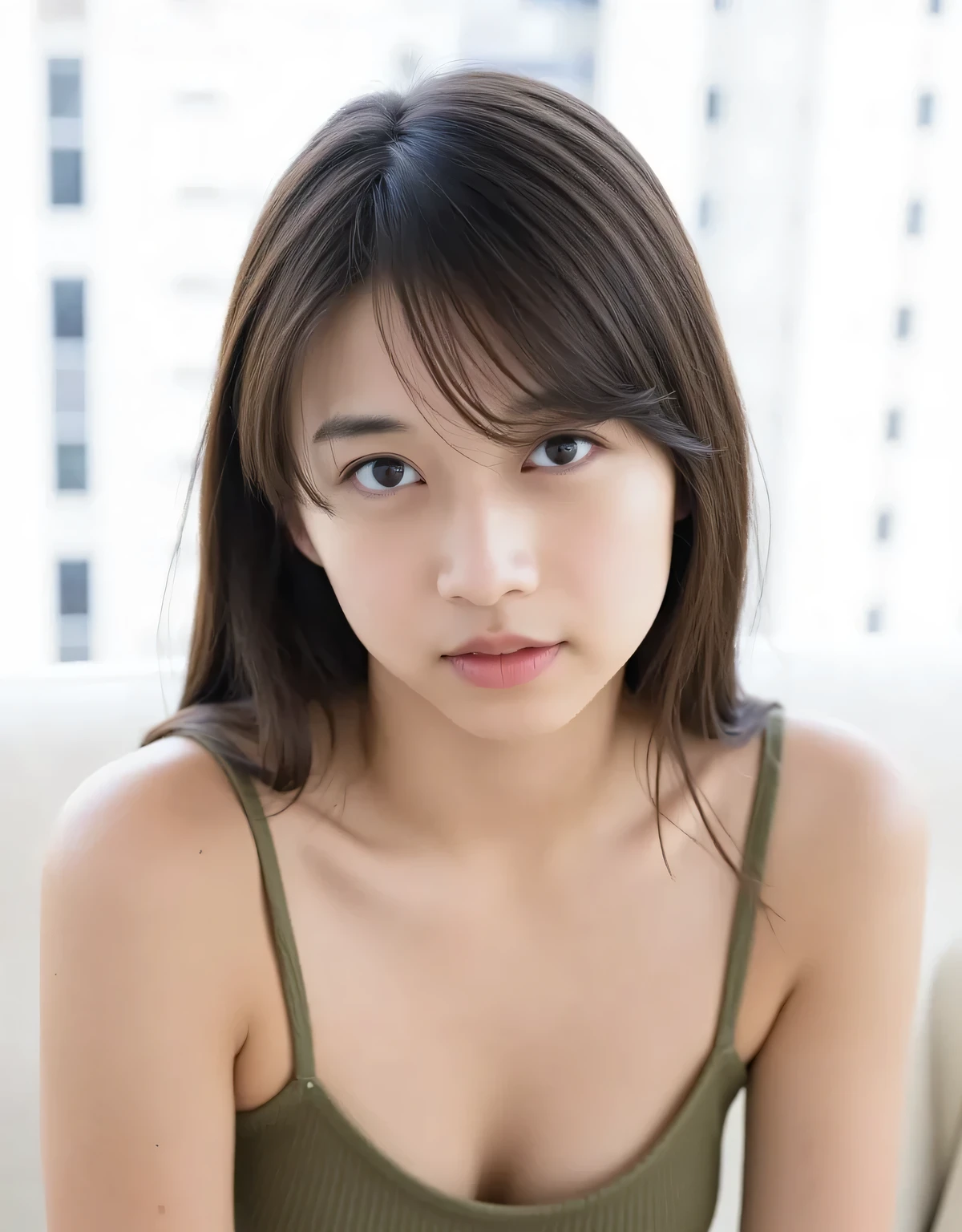 8K,High quality,Top quality,(( 1 girl)), Woman, Masterpiece, Highest quality, Best quality, 8k, masterpiece, ultra high resolution, (reality: 1.4), 1 girl, , 18 years old, youthful, skinny, tall, brunette, messy medium long hair, bright blue eyes, small breasts, small waist, small ass from below, freckled, young looking, cute face, hot body, most beautiful girl ever, full body wide photo, staring deeply into the viewer with an innocent and seductive look, in distressed micro denim shorts that expose most of her legs and almost her lower butt cheeks, in a small olive green cropped tank top that shows almost her belly and staring deeply into the viewer, deep chest that accentuates her small but attractive breasts, the overall outfit makes her even more attractive., wet,