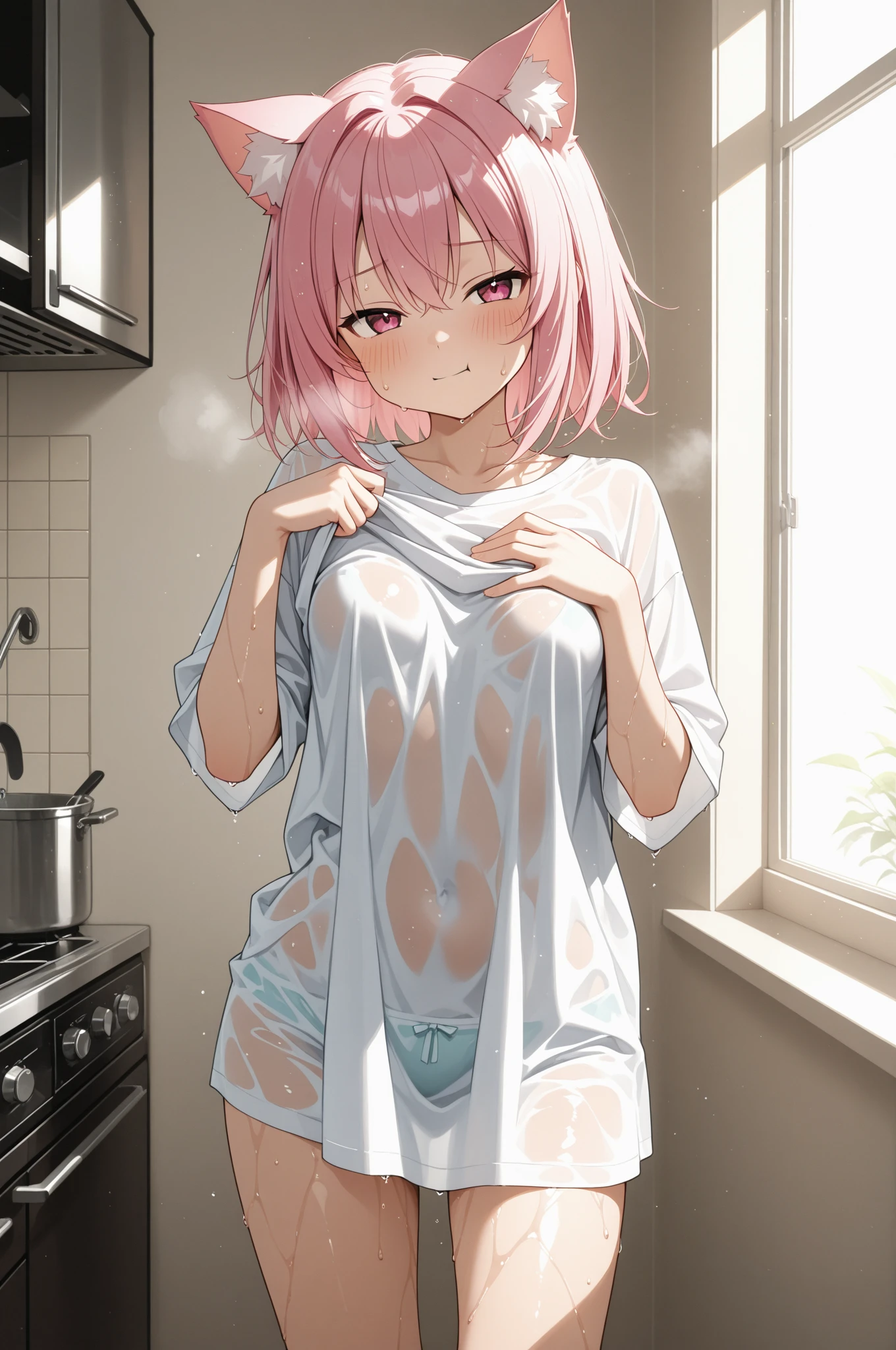 (masterpiece, best quality:1.2),woman,(((The eyes are delicate)))The whole body is milk,((Wet clothes)),Pink underwear,Room,The floor is covered with milk,rain(8K)(HD)