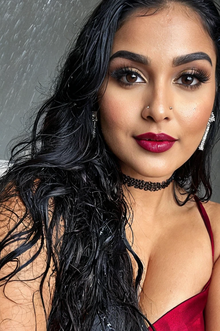 lavanya , extreme closeup face, tiny black lingerie, in bedroom, selfie, ultrarealsitic, body closeup, close up body shot, cleavage and navel, milf, glossy red lips