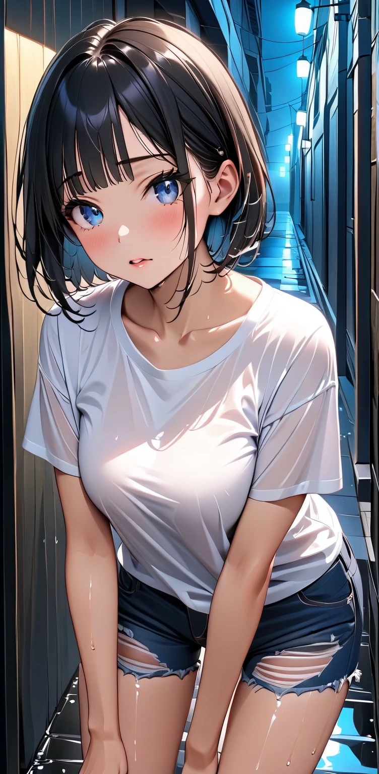 1girl, solo, fixing her hair in front of the bathroom mirror, makeup, Red Lip, gorgeous eyeliner, bangs, midium hair, V-neck T-shirts, Cut and sew, thgihhigh, black thgihhigh, Standing on tiptoes, standing, I can see your face in the mirror, short pants bottoms, cardigan, midium breasts, cute,    