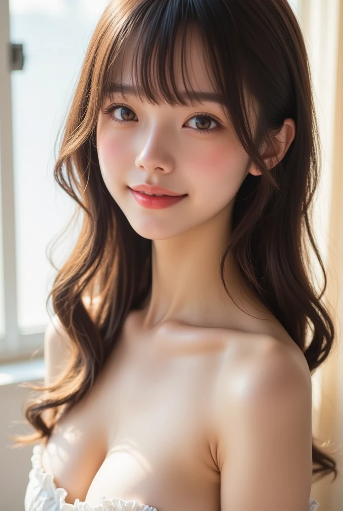 Tabletop, highest quality, shape, Very detailed, finely, High resolution, 8k wallpaper, perfect dynamic composition shape, finely beautiful eyes, Women's Fashion Summer,ponytail,small breast natural color lip, bold sexy pose,smile,20-year-old girl、cute、sexy shot looking at camera,Wake up,Realistic quality,blonde,Eyes to the left,A little sharp beauty,Don'Don'Don'Don'No clothes,((Topless nude)), nude,(((whole body NUDE))),