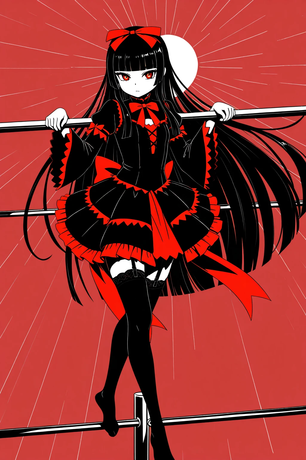 using pantimedies, wavy black hair, piercing look with deep red eyes, average stature, Silky hair with a ponytail hairstyle collected with a red bow with two white lines, with clothes, has a vagina, has breasts, cup of breasts, small breasts, slim, foreground, Session, sitting in her room, sitting on the floor of her room, wearing pantyhose, using pantimedies, Picardias, short skirt, shoes, blouse with straps, blush, opening her legs making her panties visible, open legs, perfect white panty, Skirt fluttering in the wind, grabbing the skirt with both hands 