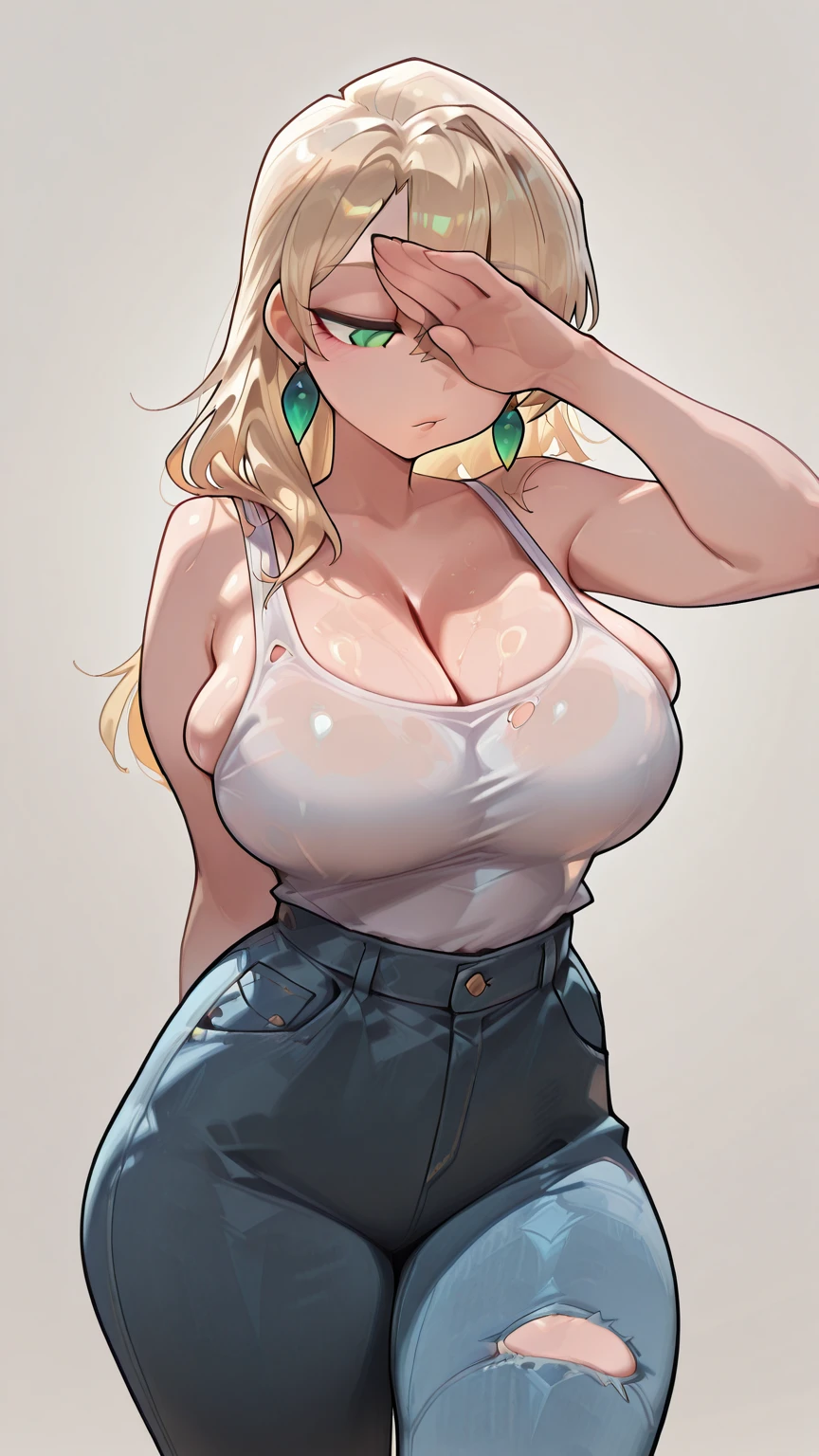 ((a high resolution)), masterpiece, high quality, Best quality, Beautiful, Ideal lighting, ((4k)), ((high quality)), ((solo)) ((one girl)), a girl, Blonde messy short haired, curvy figure, thicc, ((thick thighs)), ((Good sized breast)), Blue eyes, tomboy, ((green short tight shorts)), ((white crop top 1.2)), wet clothing and skin, ((tight clothes)), chubby, soft ((high white socks)),