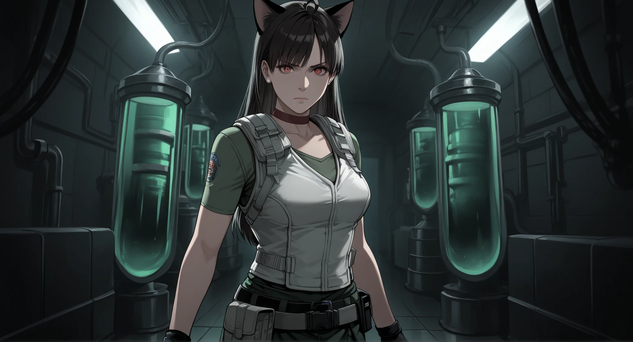 Rebecca Chambers from resident evil, masterpiece, best quality, 1girl, solo, rbchm, ((cat girl, cat black ears)), (red eyes), (long hair), (( black hair, (Ahoge), straight bangs,)), , with a black off-shoulder blouse,short black skirt,, stud earrings, red choker, white vest, green shirt, short sleeves, belt, belt pouch, fingerless gloves, black gloves, green pants, cargo pants, upper body, looking at viewer, medium breasts, (In a secret laboratory of Umbrella Corporation,Large sample pipes with something inside floating, dark theme, serious face, indoors, metal floor)