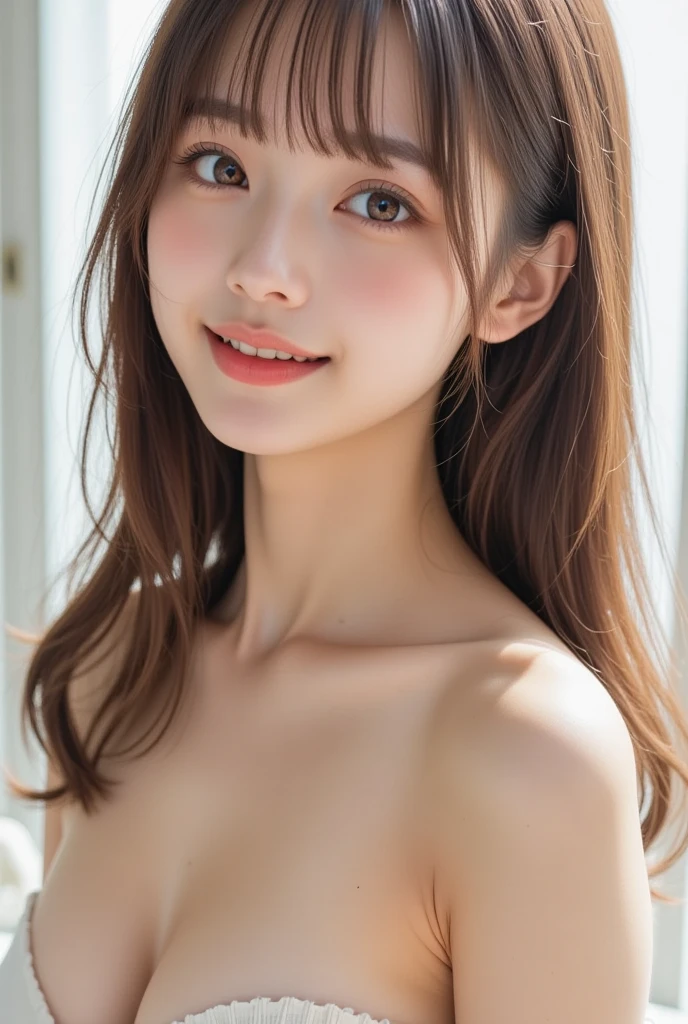 Camera angle､NSFW,((Topless)) ､masterpiece, best quality, 8k, 15yo, teen, raw photo, absurdres, award winning portrait, smile, smile, solo, night, neon, idol face, violaceaess, gardeniass, delicate girl, upper body, DSLR, looking at viewer, candid, sophisticated, youthful, thin arms, professional lighting, film grain, chromatic aberration, (detailed eyes and face:1.0), (bokeh:1.1),（medium chest）