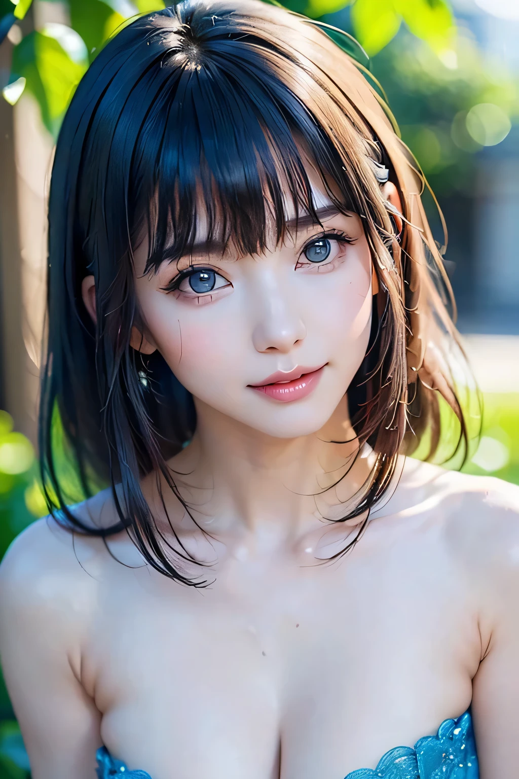 One girl Russian Flat Chest Abdominal muscles Completely naked Landmine makeup Bun Hair Small Boobs Sunburn forest Gravure pose Young face Completely naked Firm Skin Beauty high resolution High precision Two-tone with black and blue hair Detailed skin 16 years old Red eyes Detailed face whole body smile Double teeth Bobcut