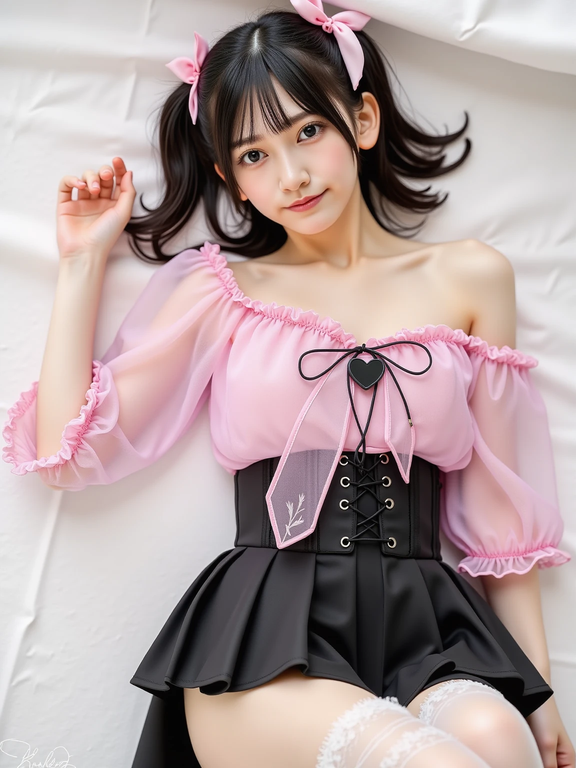 (Highest quality:1.5)、(masterpiece)、(8k:1.5)、Very detailed、Realistic、(1 Japan Beautiful Girl)、(Young face:1.2)、(Looking at me with a smile:1.5)、whole body、(Black Hair)、Small face、(Slender:1.2)、(Big Breasts:1.2)、(Pink shirt with fitted buttons and a frilly collar:1.2)、(High waisted ruffled pink short skirt:1.2)、(Black thigh-high socks)、(Black garter belt)、Erect nipples
