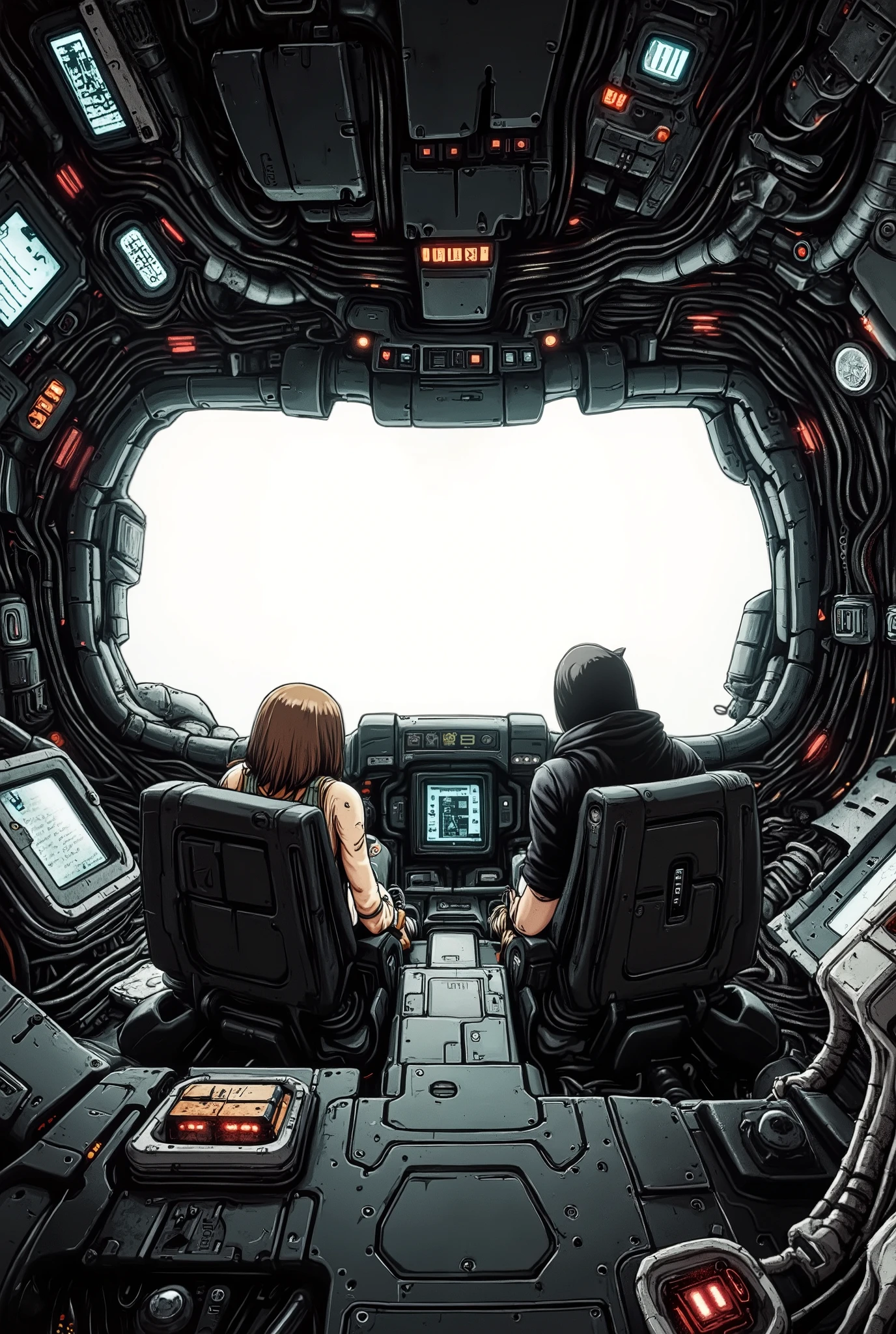 A high-quality masterpiece, stylized as a 90s anime with cel shading and no gradients. The interior of a small, rustic spaceship cockpit from a dystopian cyberpunk future (circa 2070). The cockpit is cramped, with exposed wires, matte black panels, old steampunk-style monitors with physical buttons and flashing lights. Two pilot seats are visible, occupied by a woman and a man, both seen from behind. The woman has medium-length brown hair and flesh-colored bionic arms. [[He wears a tight-fitting black, long-sleeved outfit. The man wears a black jacket.
The focal point is a large, horizontally wide, rectangular front windshield, shaped like a flattened rectangle, similar to the canopy of a fighter jet—which extends the entire width of the cockpit, allowing a partial view of deep space ahead. The cockpit is illuminated by dim red and blue lights, adding to an atmosphere of cosmic horror and dark fantasy. Design influences: Ghost in the Shell, Xenocyber aesthetic, rusty and grimy interiors like those in Guardians of the Galaxy. High level of detail. Cinematic scene stylized as a '90s anime frame, solid colors, three-tone cel shading. High resolution (32k visuals).