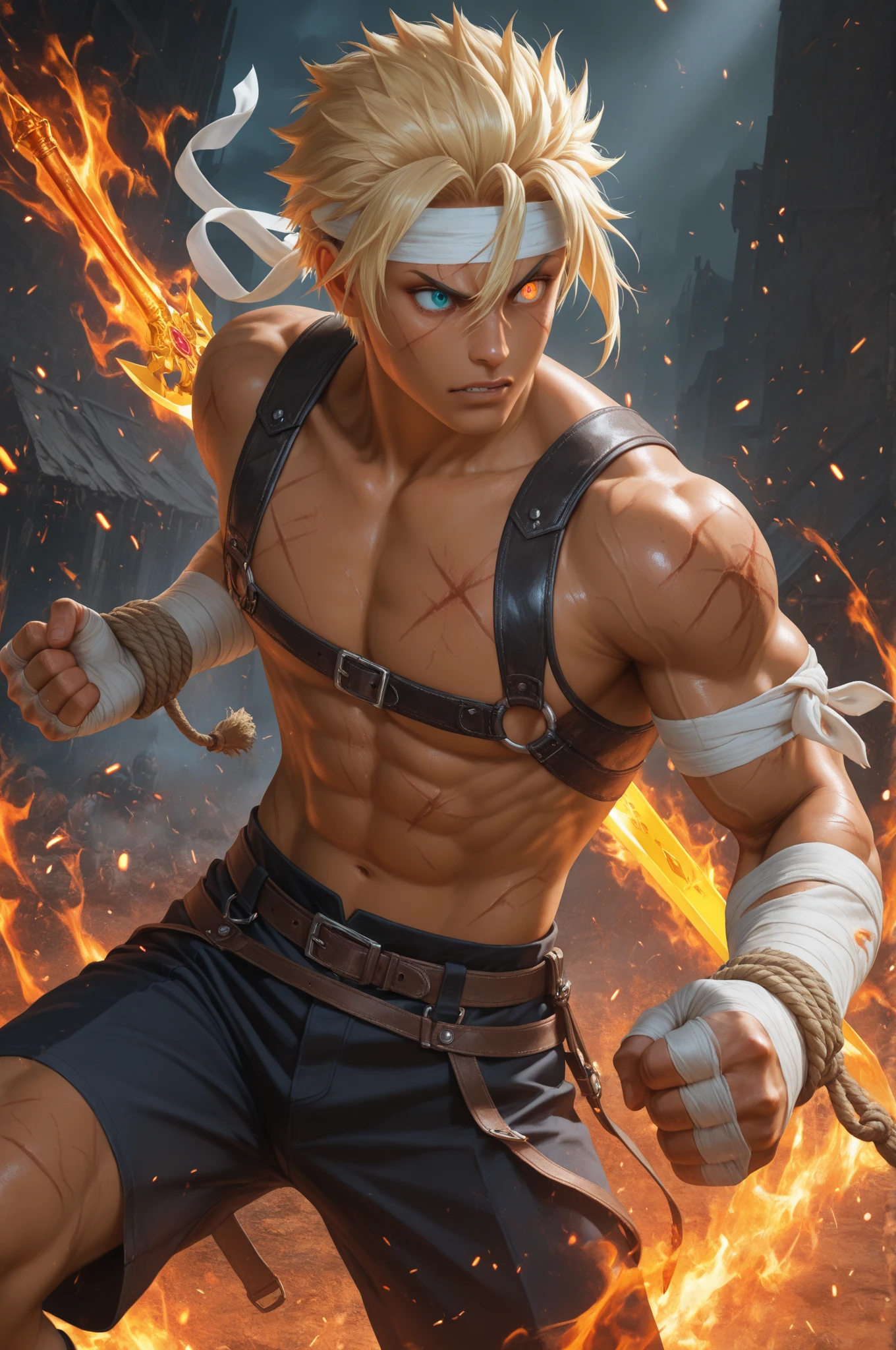 (masterpiece, Best Quality, 18 year old boy, 8k, ultra detailed), (on one side, worm eyes, thin lips), (1 chico, Alone), young, (adolescent), (straight hair, short and blonde., under cut, blue eyes), shirtless, top-less, (red headband, black shorts, (gauntlet), boot sandals), (depth of field:1.2), (ABS, chest, upper arms), (top-less male), Man in martial arts stance., atretic body, (Caucasian), Serious, sweat, Epic dynamic pose
