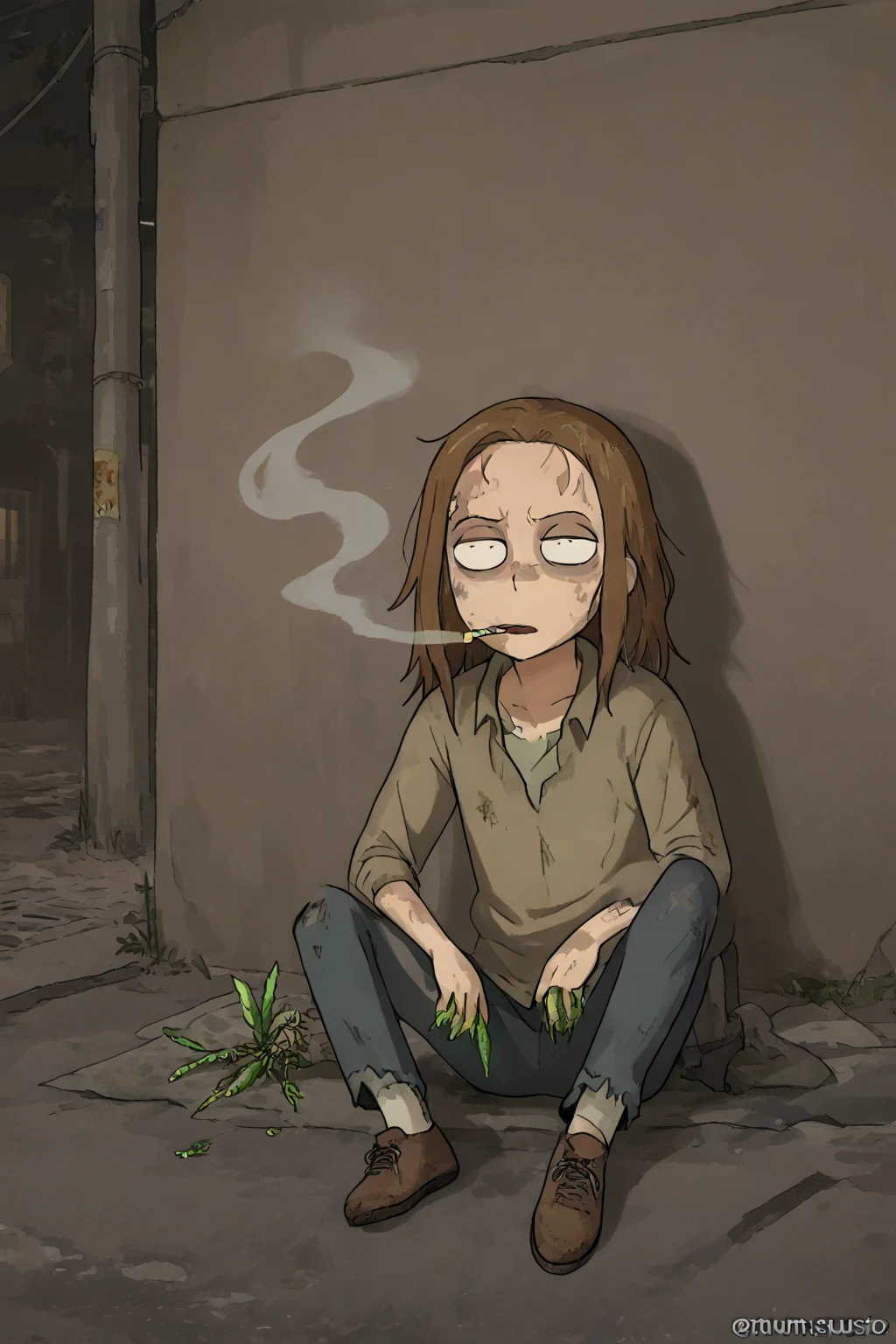 Homeless Moreno and Susio sitting on the street on a dark street smoking marijuana 