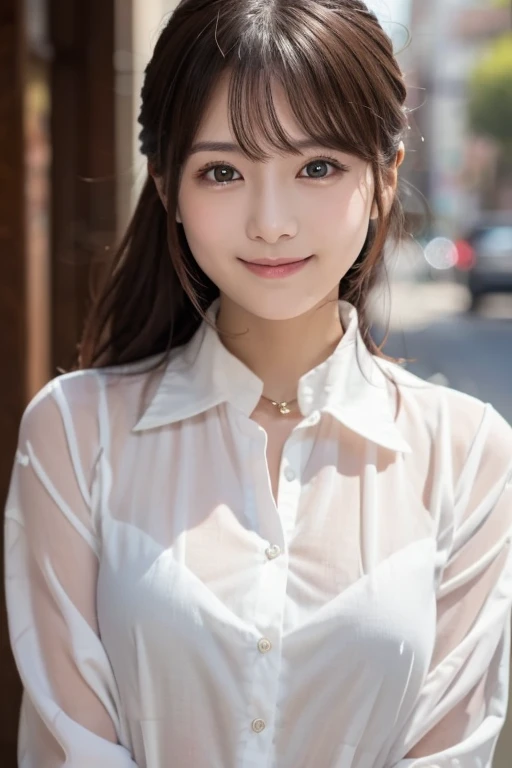 (A big smile、Squint your eyes and laugh)、(Realistic、Like a photograph、Live Action、8k, Realistic, RAW Photos, Best image quality: 1.4), Single-lens reflex camera、RAW Photos, Highest quality, Realistic, Highly detailed CG Unity 8k wallpaper, Written boundary depth, Cinematic Light, Lens flare, Ray Tracing, Realistic background、A landmine girl waiting for someone、((Wearing a white blouse:1.4)、((wear a frilly skirt:1.1)、Large Breasts))、((Ultra-Dense Skin))、 1 person、standing front of train station, Waiting for someone while looking at a smartphone、The whole body is visible:1.5、(Long hair with pink inner color:1.2、My hair is blowing in the wind)、stylish ambiance、The perfect outfit、(White skin)、Precise and beautiful legs:1.1、View from below、Highly detailed face、Anatomically correct body、Accurate fingering