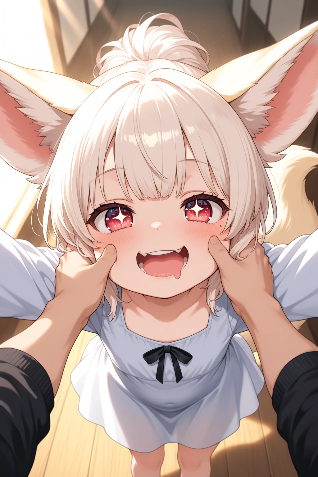 Rabbit ears body hair beige color、sweet perfume、Pink Silver Hair、short bangs, long back hair、two cheek whiskers（about）、cute face、girl、virgin、small、crawl on all fours、Drool、snot、Angle from the inseam、Completely naked、field、Surrounded by crowds、big dick deepthroat、