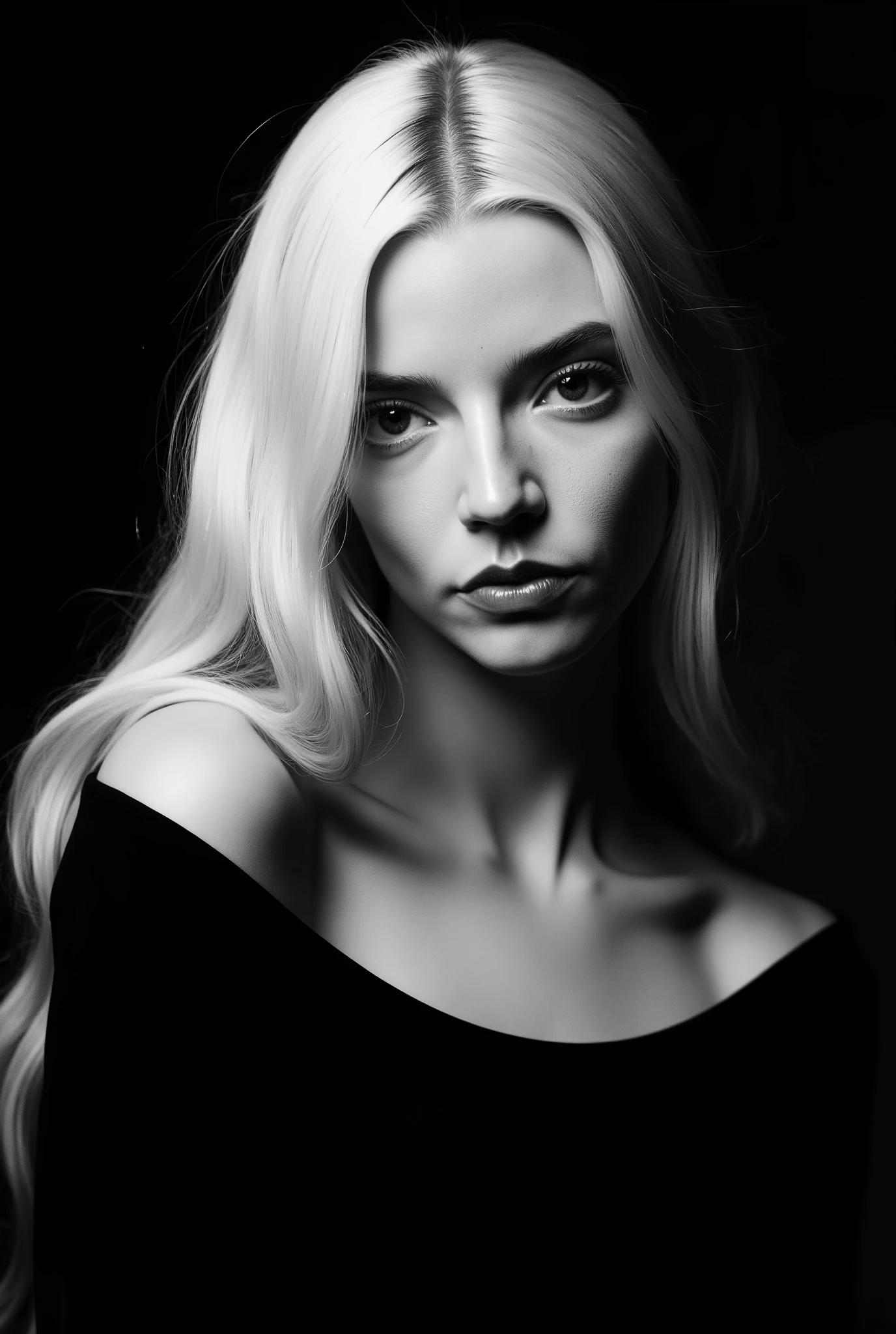 In a monochromatic setting, a girl showcases striking long, blonde hair that flows freely over their shoulders. The hair is characterized by its smooth texture and subtle layers, catching the light in gentle highlights that contrast against a shadowy backdrop. The choice of black attire blends seamlessly with the dim surroundings, enhancing the overall mystery and timelessness of the portrait. The composition focuses on the interplay between light and darkness, emphasizing the graceful lines of the hair and the serene calmness of the scene. Open shoulders and collarbones emphasize the femininity and seductiveness of the girl. She has a charming look and a sensual expression on her face. There are highlights in her dark eyes. close-up portrait, high quality, photorealism, masterpiece, professional photography, classic black-and-white photography, intricate details,