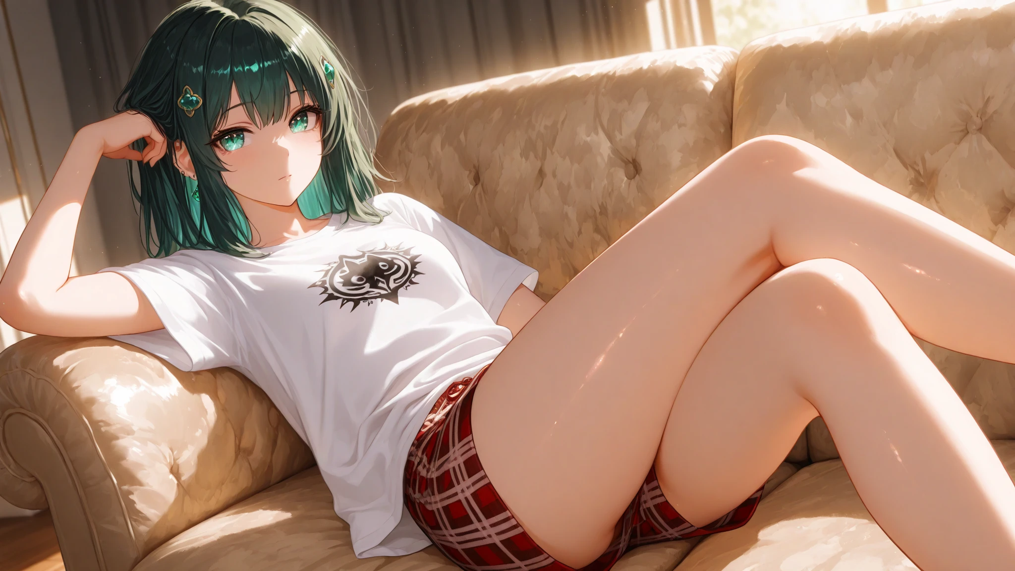 Highest quality, (alone:1.1),Drunk young woman, In underwear,Lying on the sofa,Discarded clothes are scattered around the sofa., Bird&#39;s-eye view, from a little distance, Red face, Eyes are unfocused, laughing, Feeling elevated, Highest quality,豪華なディティールのIn underwear, There are empty cans of liquor scattered around,Sleeping face down, Half-open eyes, The curves of her breasts are impressive,Sensual,