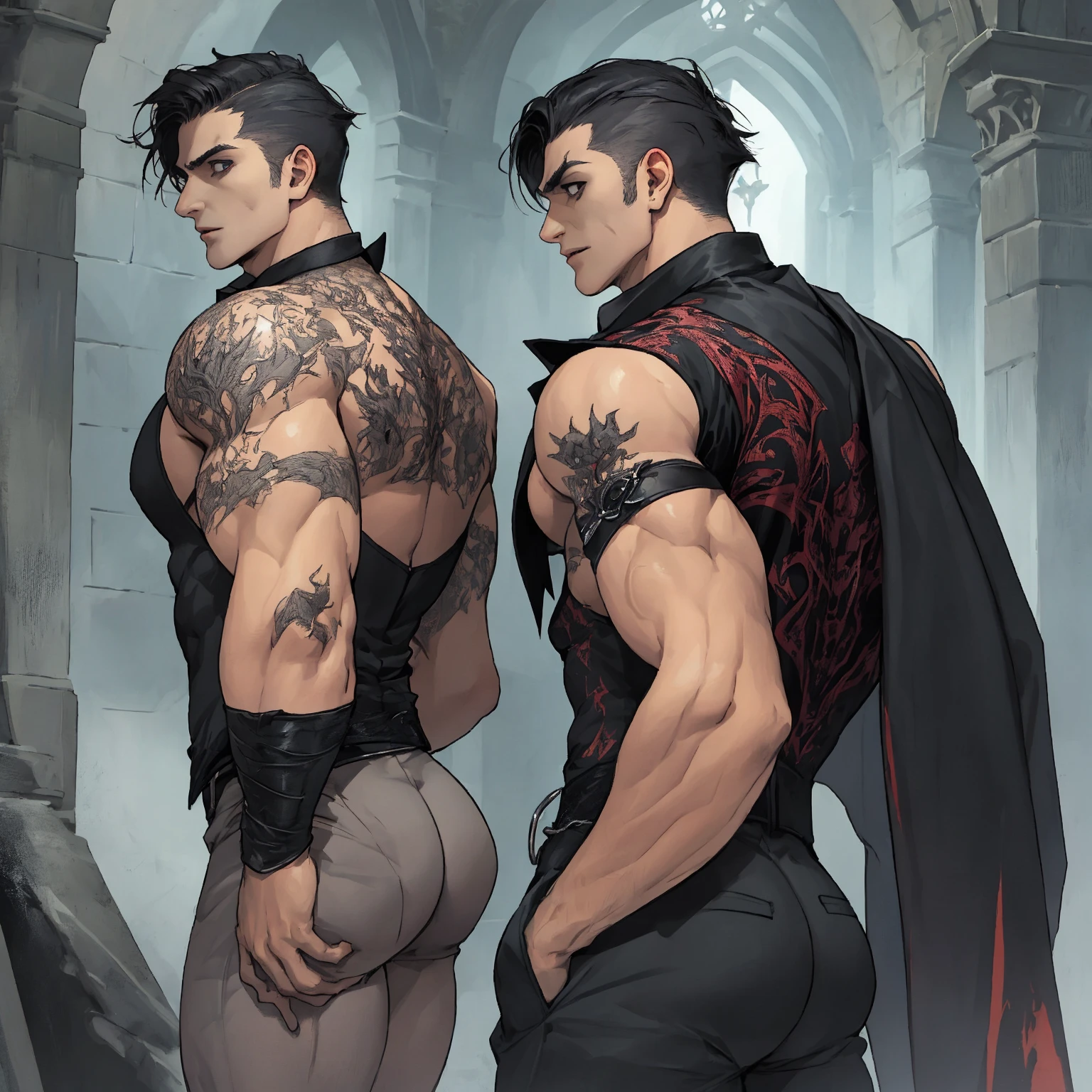 She is wearing a sexy, voluminous black and red cape on her naked body.、Two handsome gay men、Drowning in pleasure、Messy black hair、Disarrayed Cloak、A look of disarrayed pleasure