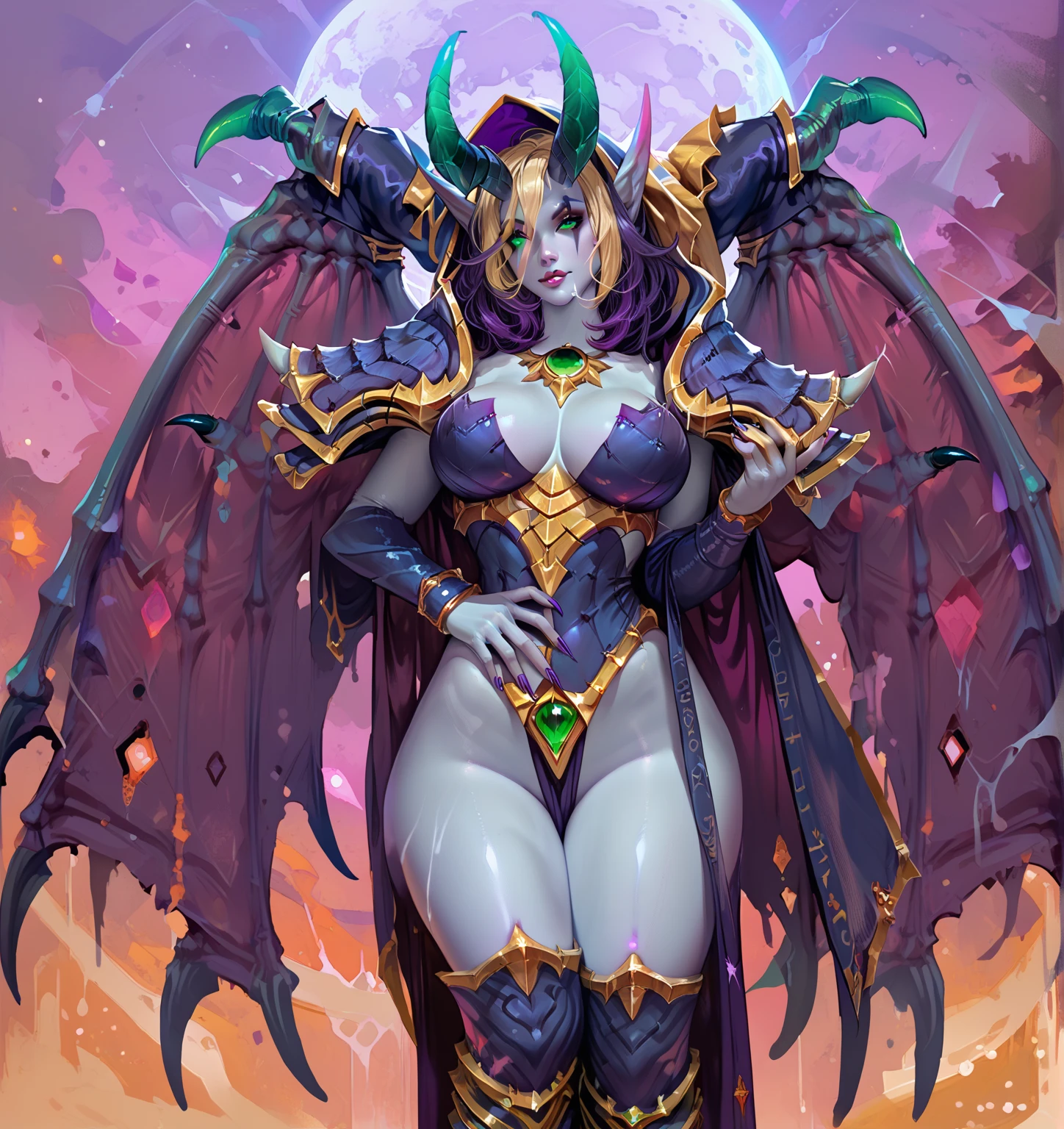 Lisa Ann as a hyper-giant, Hyper-powerful demon with a demon horn on its head and demon wings, and throws purple lightning bolts at a building, ville en ruine post apocalyptique,