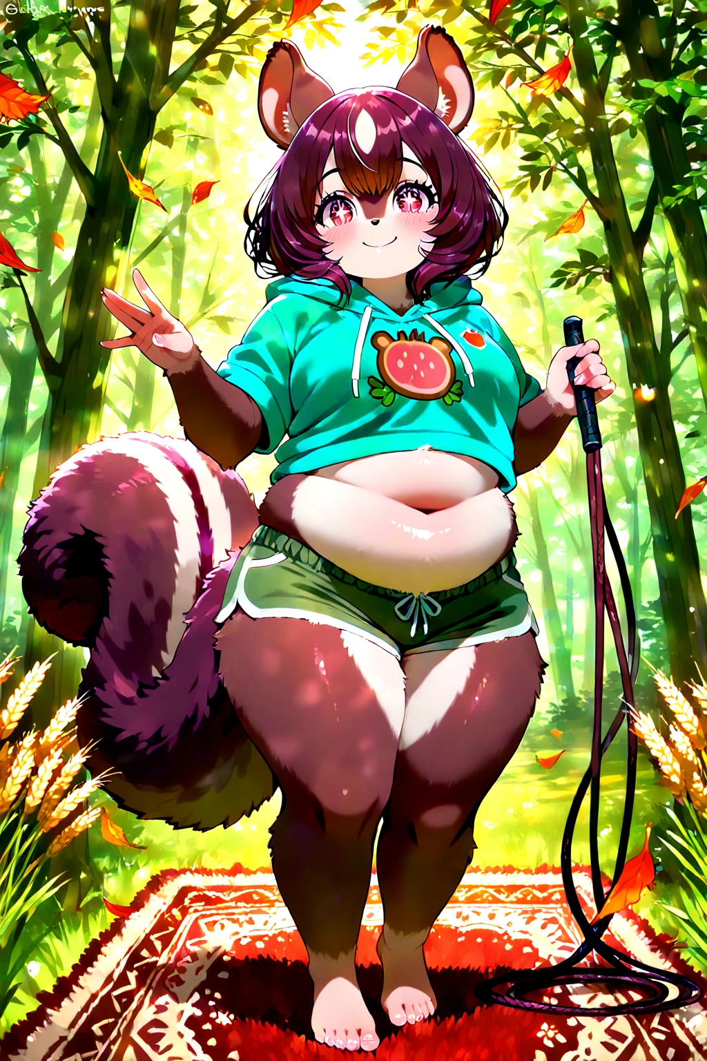Ayunda risu - hololive, 1girl, (((bimbo))), short brown hair, pink beret, green eyes, (((bimbo))), squirrel ears, squirell tail, thin lips, painted lips, naughty smile face, pregnant belly, big belly, wide hips, thick thighs, huge round ass, enormous natural breasts, shiny oily breasts, pink knit jacket, white skirt, full body, garden, nsfw