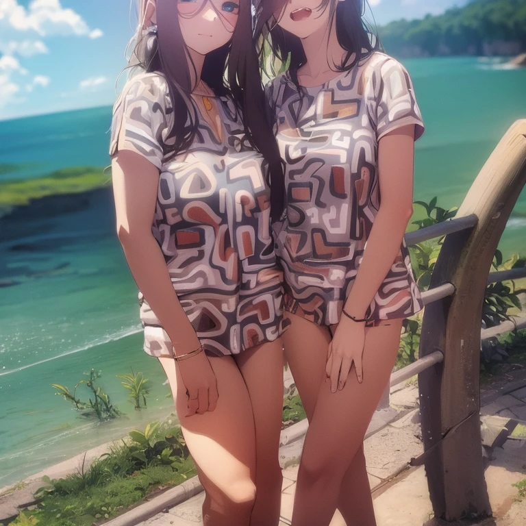 ultra-detailliert, Best Quality, High resolution, ((Two cute little girls with dark hair))、Pretty eyes、Detailed eye depiction、Looking at Viewer, pale skin、((Petite)), (swim wears)、(I'm not wearing panties)、(flat chest), (Glasses), (blush:1.2), (big eye:1.5), An embarrassed smile, NSFW, the beach, Focus on the face, Long hair, all-fours