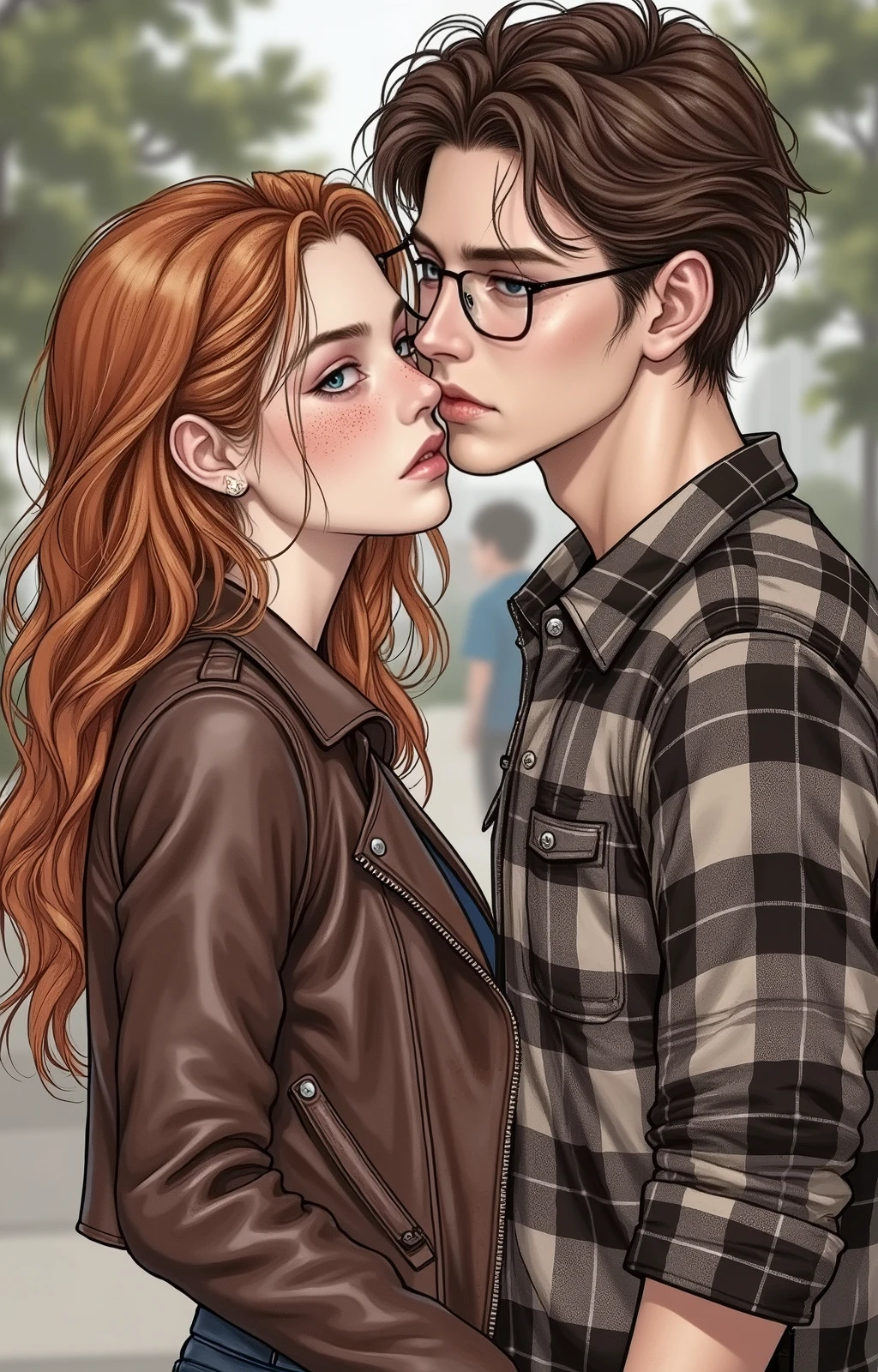 A couple on a university campus, she looks like Abigail Cowen (slightly disheveled wavy red hair, blue eyes and some freckles on her face) she's looking ahead with a vengeful look, she wears a leather jacket and jeans. The man looks like Milo Manheim, alto, athletic, dark brown hair and wavy dark brown hair and wavy hair Grangados, a light unshave , looking saggy with brown eyes he's wearing glasses, He's her executioner, is dressed in a wide plaid shirt, he has a look that borders on anger. illustration style. Follow the description perfectly