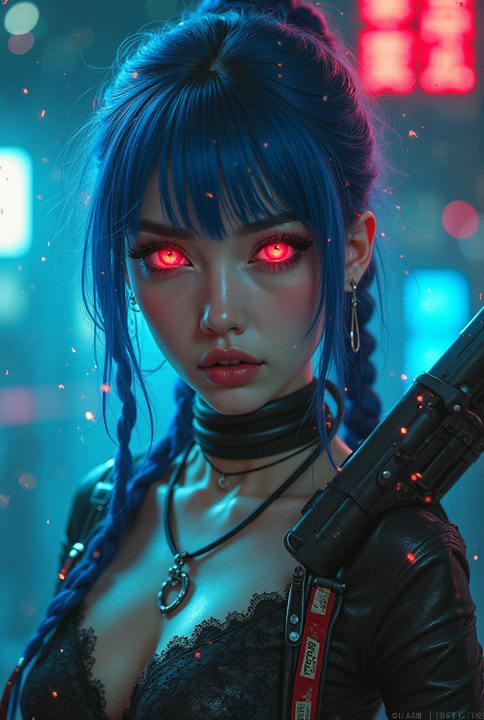 bright eyes,  super detailed, black short hair, blood and wounds, stab wounds on body, dirty clothes, Jennie Kim, 30 yrs old girl, cyberpunk suit, blue hair,