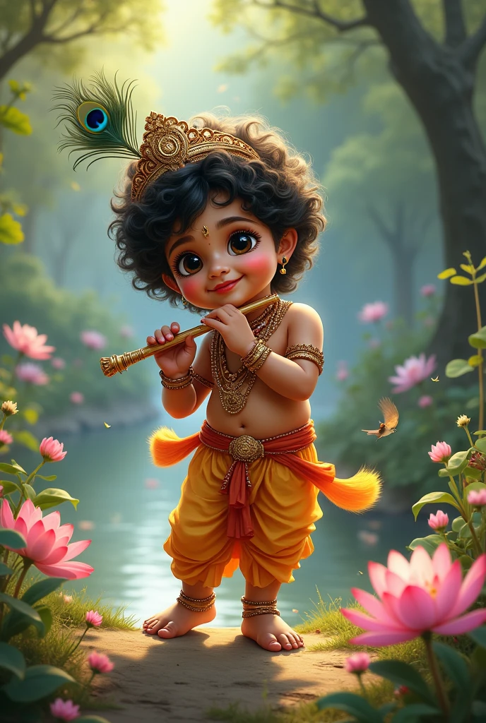 A beautiful pictureof lord shri krishna, during his childhood era, eating maakhan out of a traditional matki, sitting on a big concrete block, with a beautiful vrindavan in the background